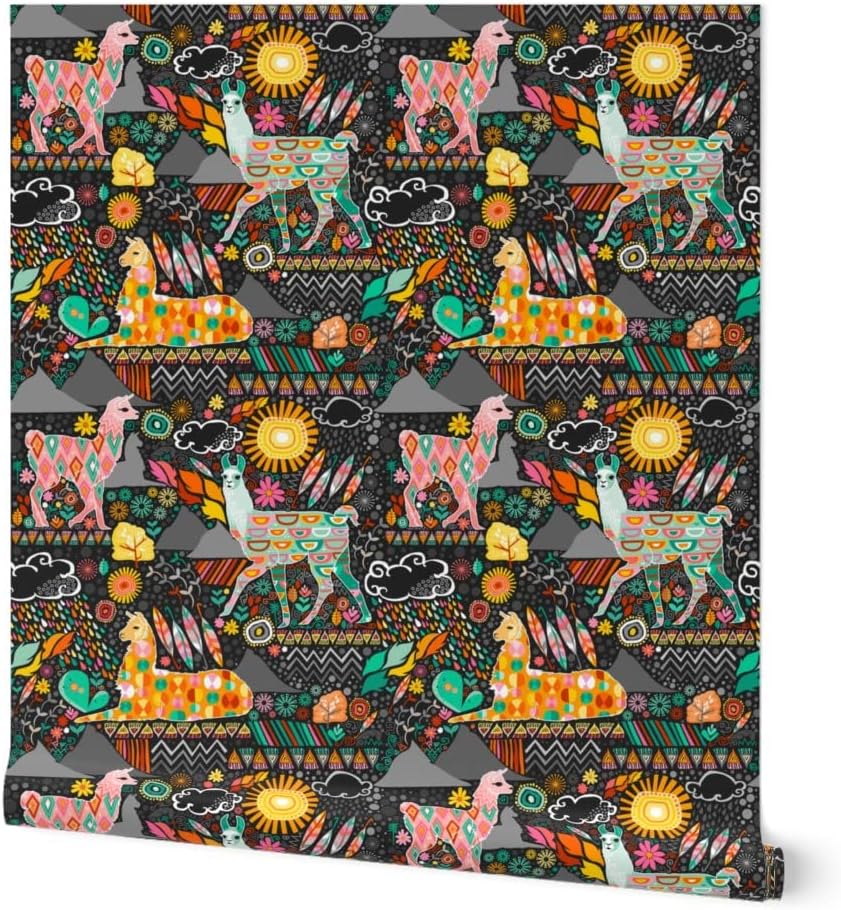 Removable Wallpaper 3ft x 2ft - Llamas Grey Large Flowers Geometric Colorful Llama Mountains Gray South America Custom Pre-Pasted Wallpaper by Spoonflower