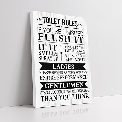 NIKICEE Impresiones artísticas en lienzo con citas de reglas de inodoro, letreros divertidos para decoración de baño, divertido arte de pared de
