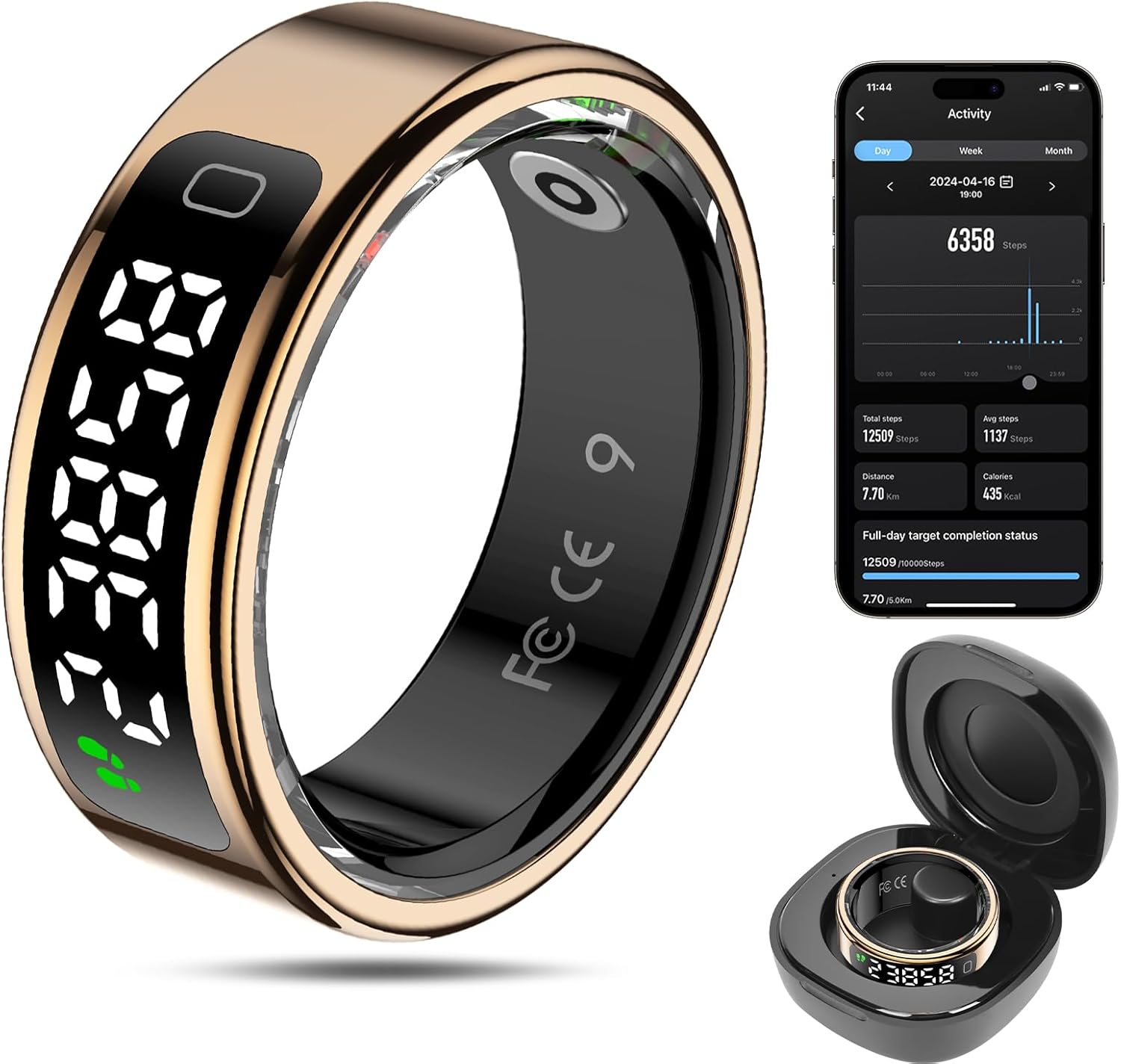 Smart Ring Health Tracker for Men/Women,Fitness Ring Sleep Tracker with LED Display Sreeen,Fast Charging,Health and Sleep Monitoring,Motion Tracking,Female Cycle,Waterproof(Gold,9)