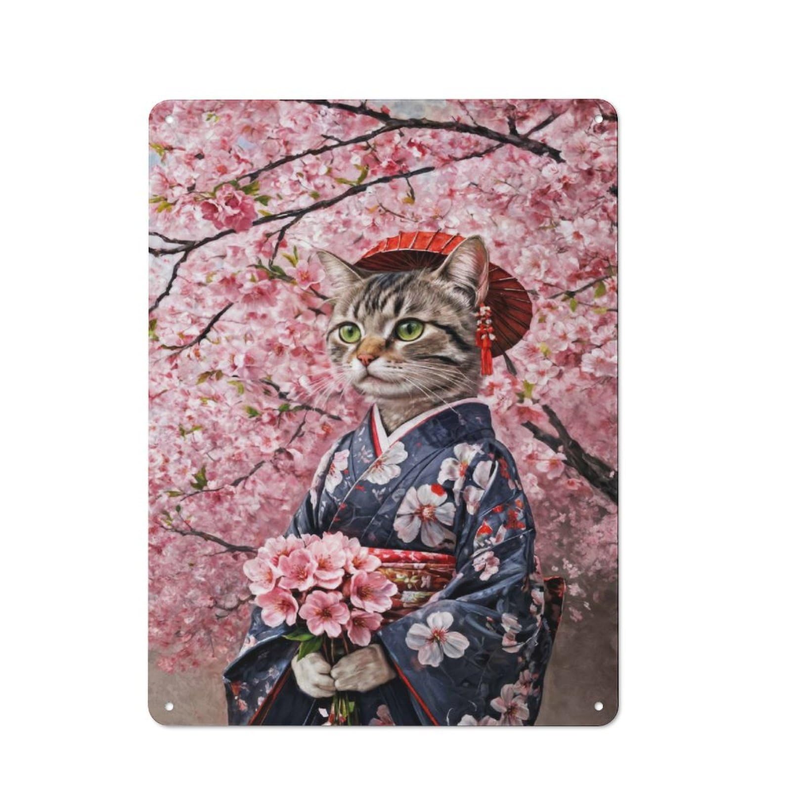 Junmoney Style-8 Vintage Tin Sign 40X30cm Featuring Cat In Kimono With Cherry Blossoms For Bar Or Restaurant, A Decorative Christmas Gift For Bar Decor Enthusiasts