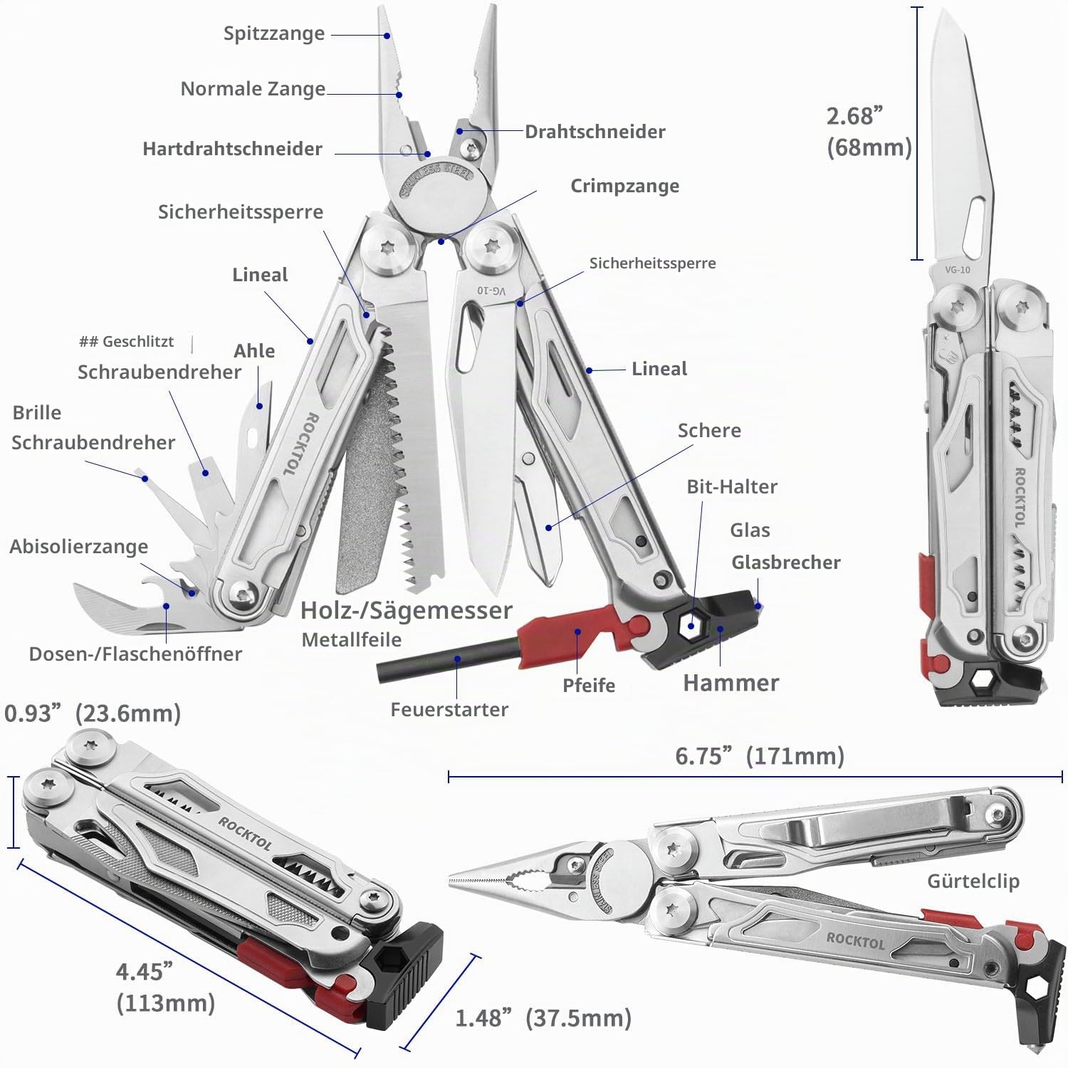 ROCKTOL Multifunktionszange SK04, VG-10 Messerklinge, 22-in-1 Camping-Multitool-Zange mit Feuerstarter, Notfallpfeife, Glasbrecher und Hammer für Überleben, Camping, Jagd, Wandern