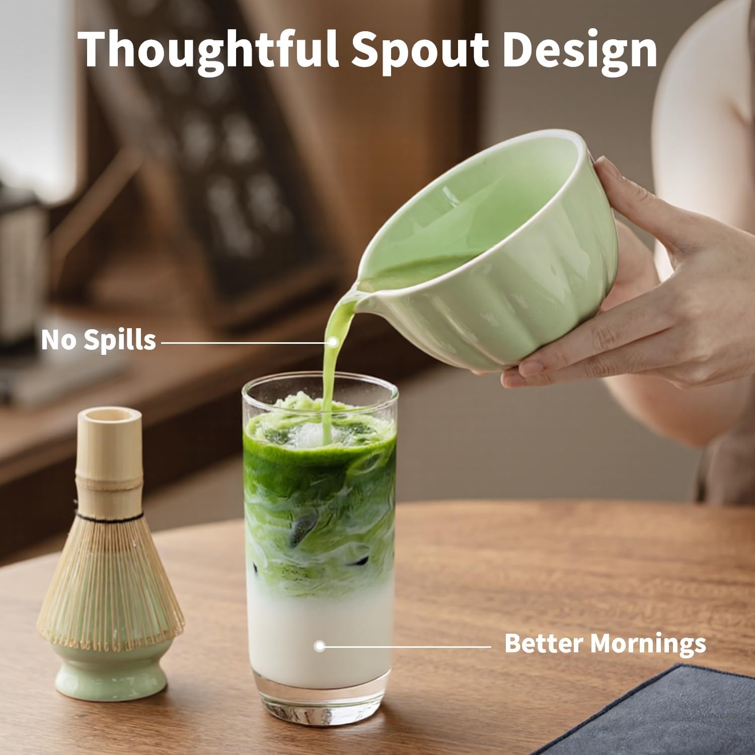 Matcha Whisk Set of 8 - HTRCXB Ceramic Matcha Set, Include Matcha Bowl, Matcha Whisk and Holder, Bamboo Scoop, Measuring Spoon, Scoop Rest, Sifter and Tea Towel - Matcha Kit Gift for Matcha Lovers - Image 6