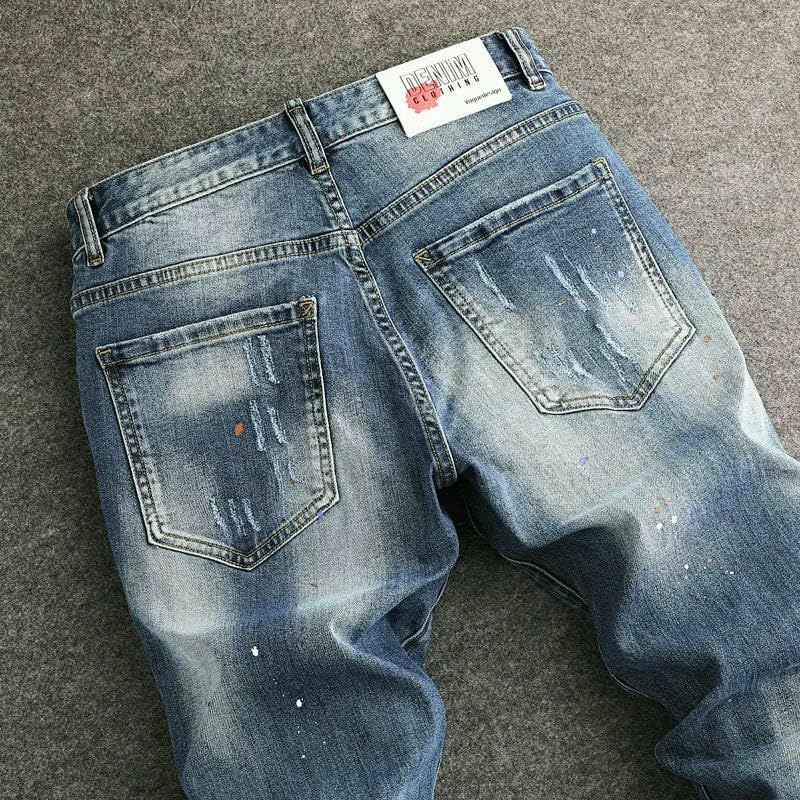 Street Mens Jeans Retro Washed Blue Stretch Slim Fit Patch Designer Ripped Jeans Men Vintage Denim Pencil Pants4