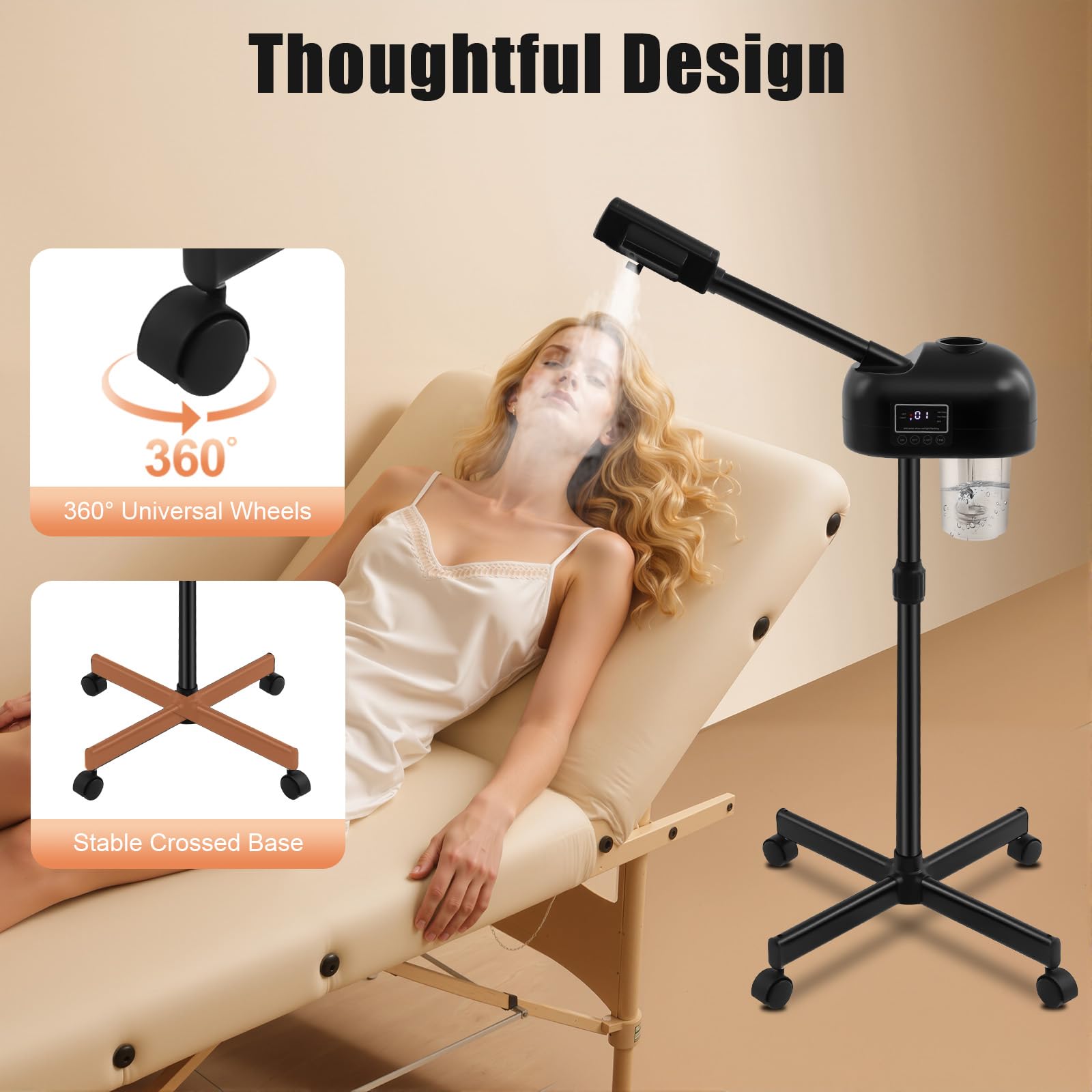 750 W Vapozone Esthetique Professionnel Ecran LCD, Vaporisateur Visage Vertical avec Minuterie et Buse 360 °, 58-68cm Hauteur Réglables, Vaporisateur de Sauna Facial