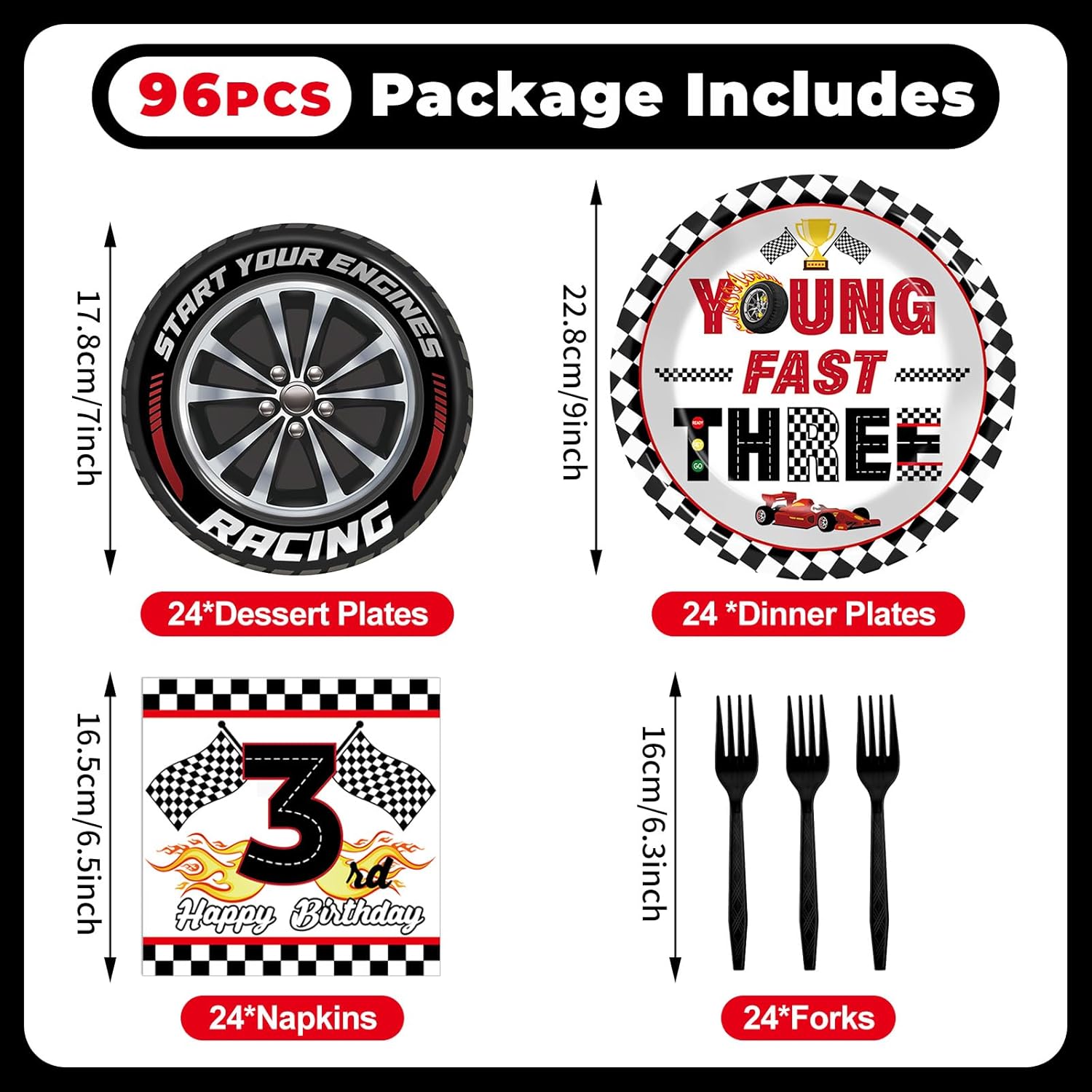 96PCS Race Car Themed 3rd Party Paper Plates and Napkins and Forks Set Young Fast Three Party Tableware Racing Checkered Flag Disposable Dinnerware for Kids Birthday Gatherings Decorations - Image 2