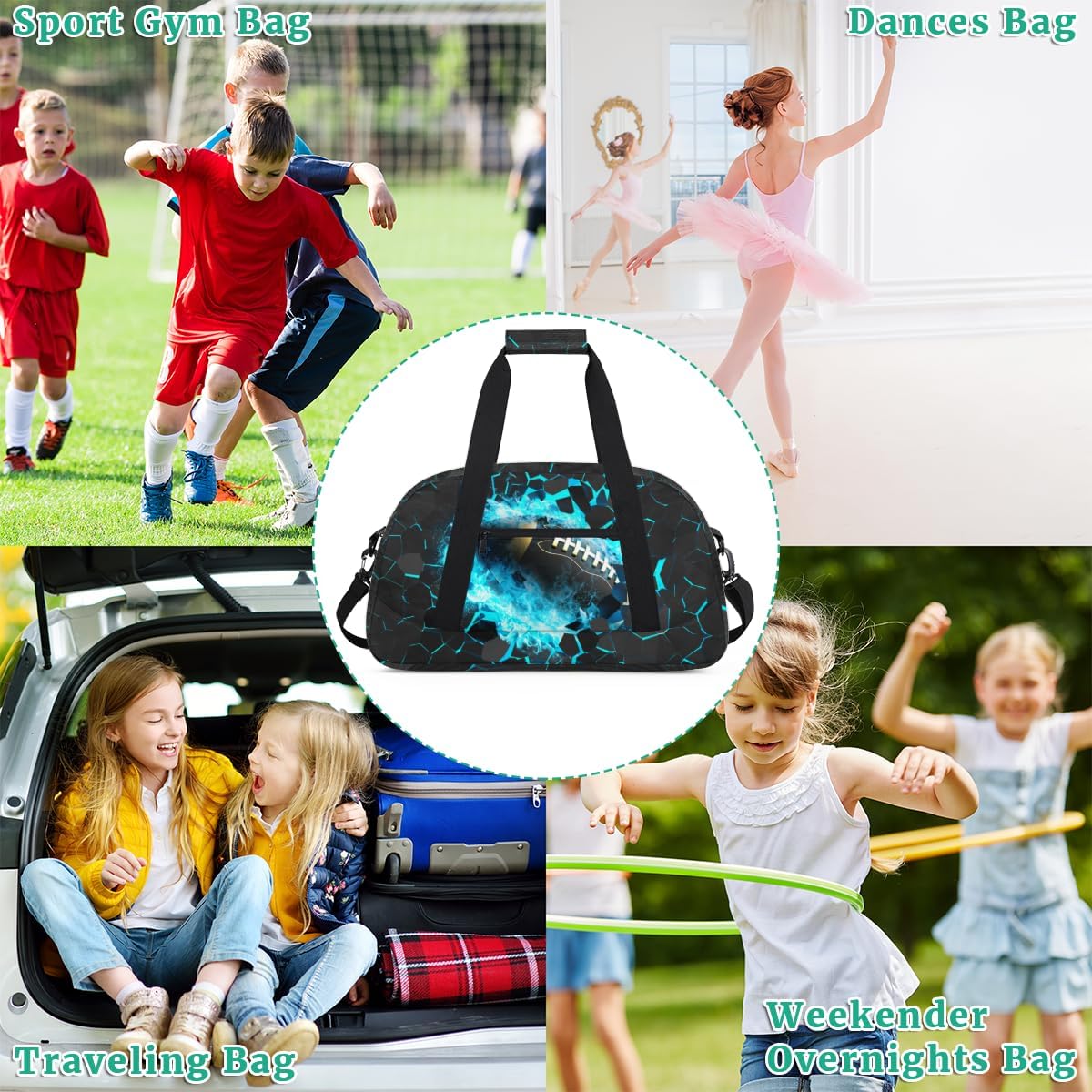 Kids Duffle Bag for Boys - Blue American Football Sport Gym Duffel Bag Overnight Bag Carry On Weekender Bag for Travel School Practice Workout