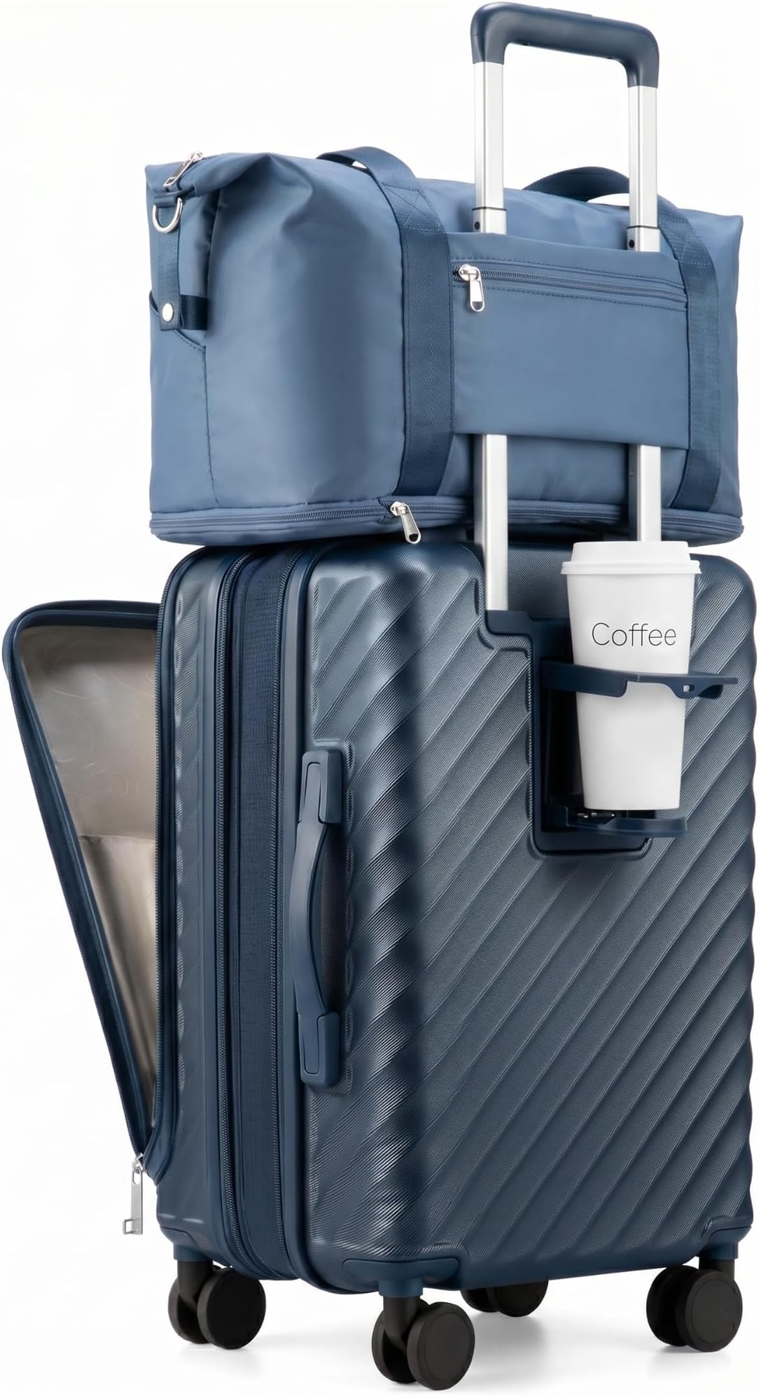 Carry On Luggage with Front Compartment and Cup Holder, KVF Expandable PC Hard Shell Suitcase with Front Pocket (FX-Plus, Midnight Blue, 2-Piece (20/Tote))