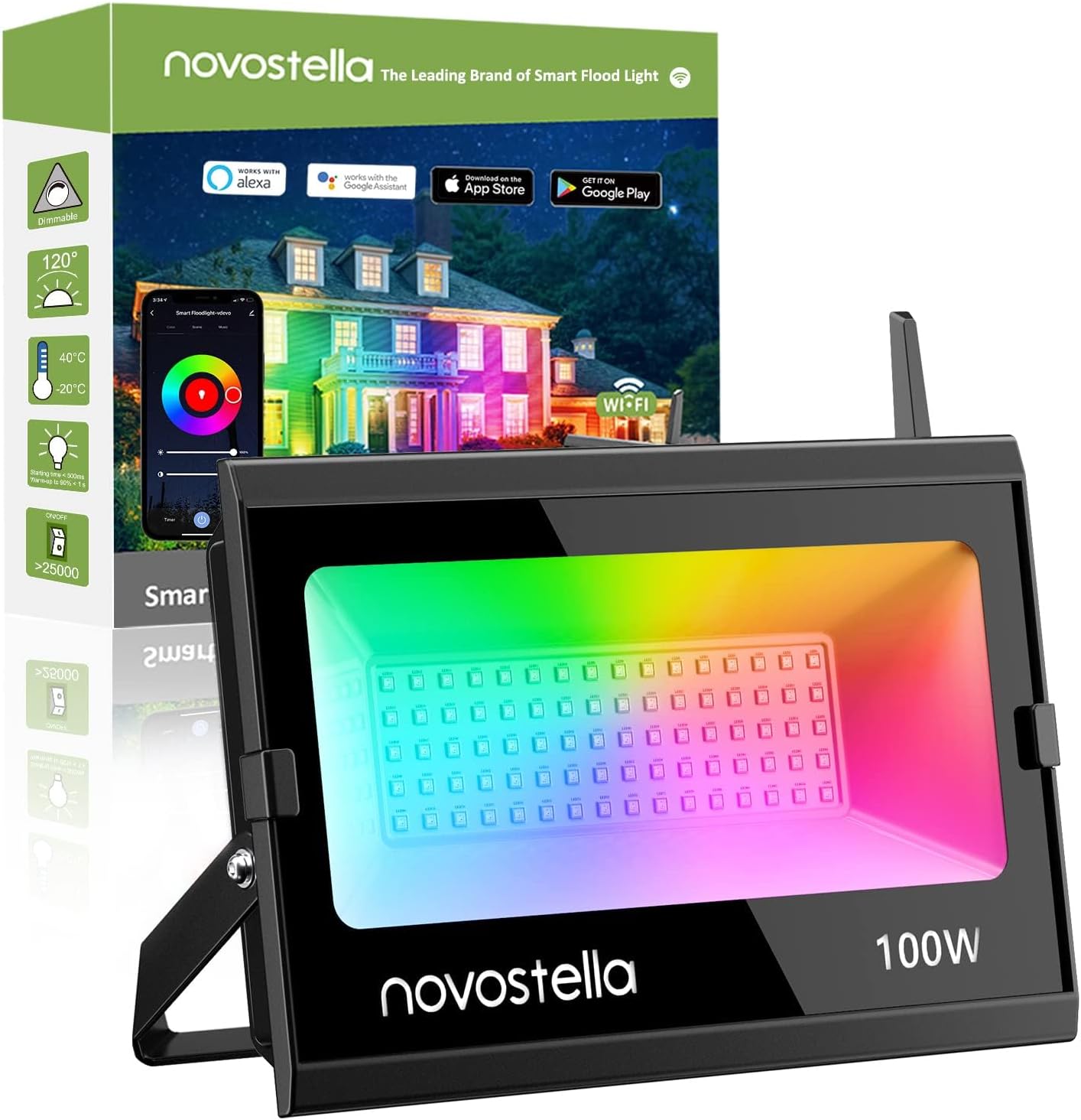 NOVOSTELLA 100W Smart LED Flood Lights, RGB, Second-Generation WiFi Outdoor Dimmable Color Changing Stage Light, IP66 Waterproof, Multicolor Wall Washer Light, Compatible with Alexa.