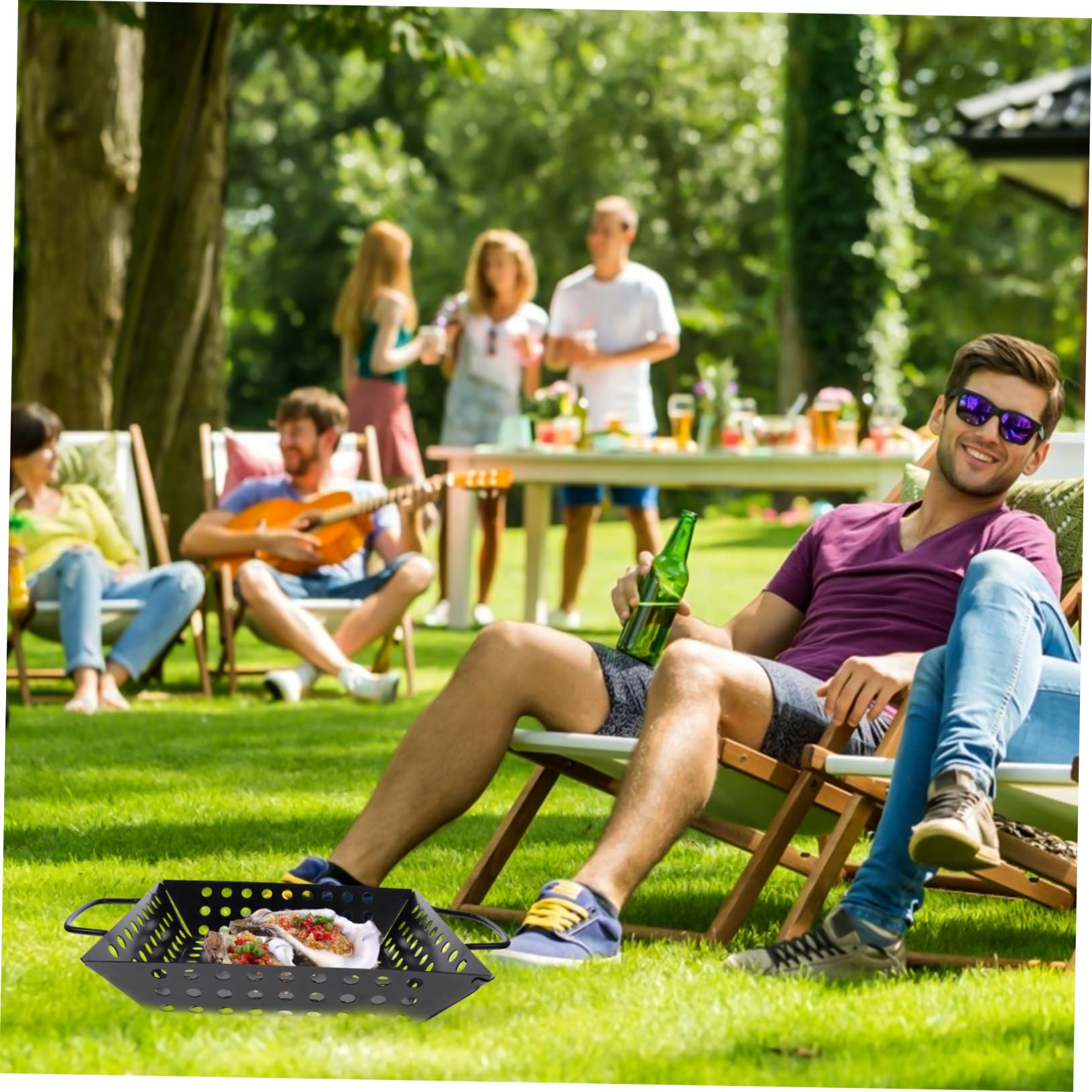 BESTYASH 1pezzi Barbecue Carbonio Antiaderente Maniglia e Foro di Scarico per Grigliare Carne Verdure e Pesce Resistente Usura