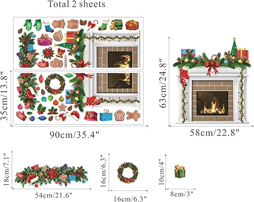 Miniatura 6 de IARTTOP Calcomanía de tablón de anuncios de chimenea de Navidad, calcomanía de pared de chimenea de Navidad, decoración de fondo de chimenea, corona