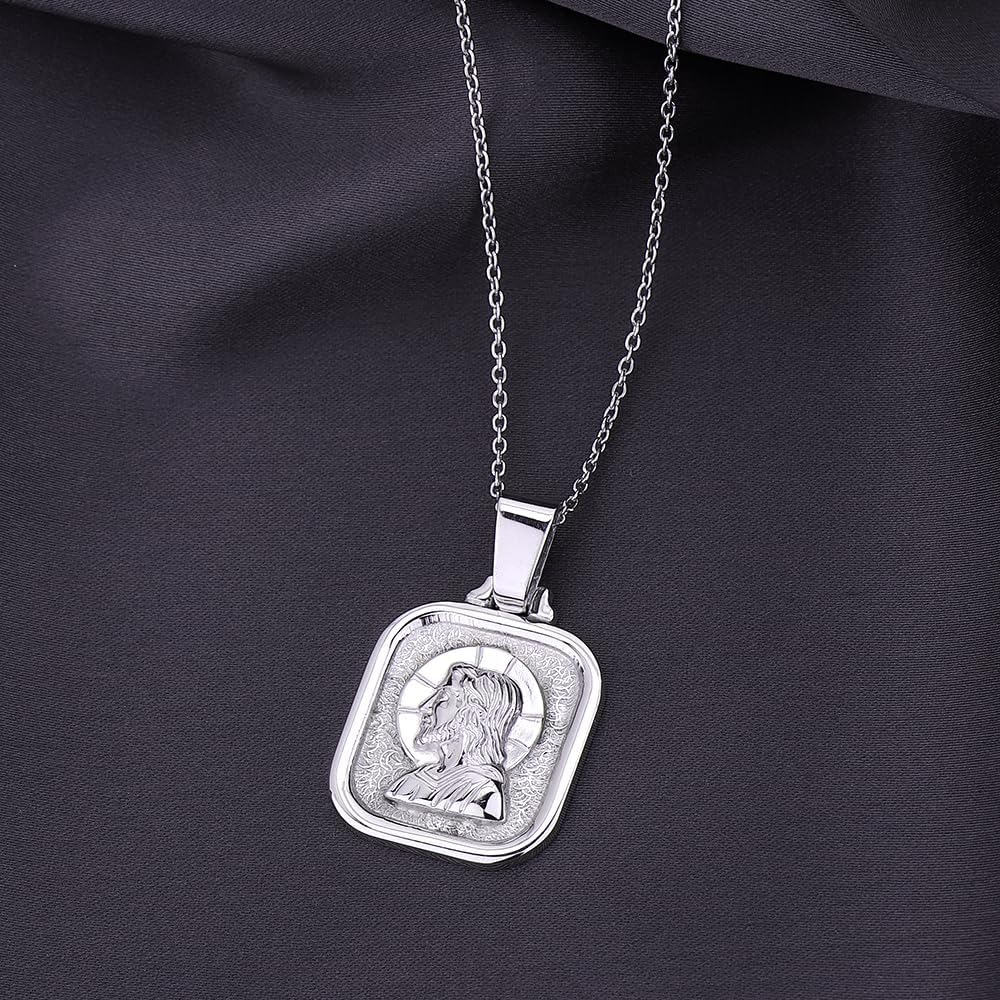 Vanbelle Sterling Silver - Rhodium Plated with 925 Stamp - Jesus Medal Pendant Necklace - Elegant Handcrafted Necklace for Men and Women - 18" Long + 2" Extender