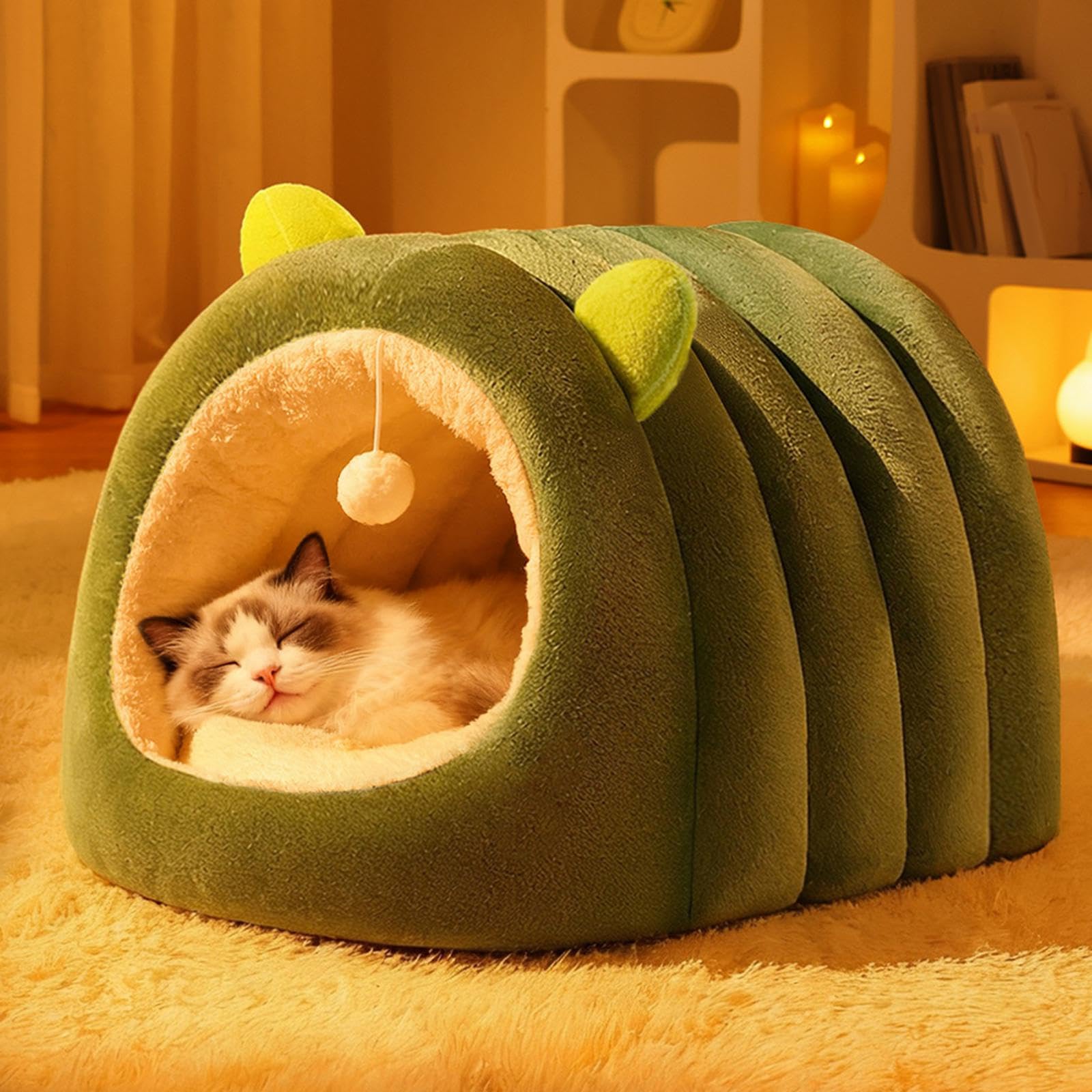Cuccia per Gatti Chiusa, Calda e Accogliente, con Cuscino Rimovibile e Lavabile, mobiletto, Cuccia Rilassante per Gatti, Green M