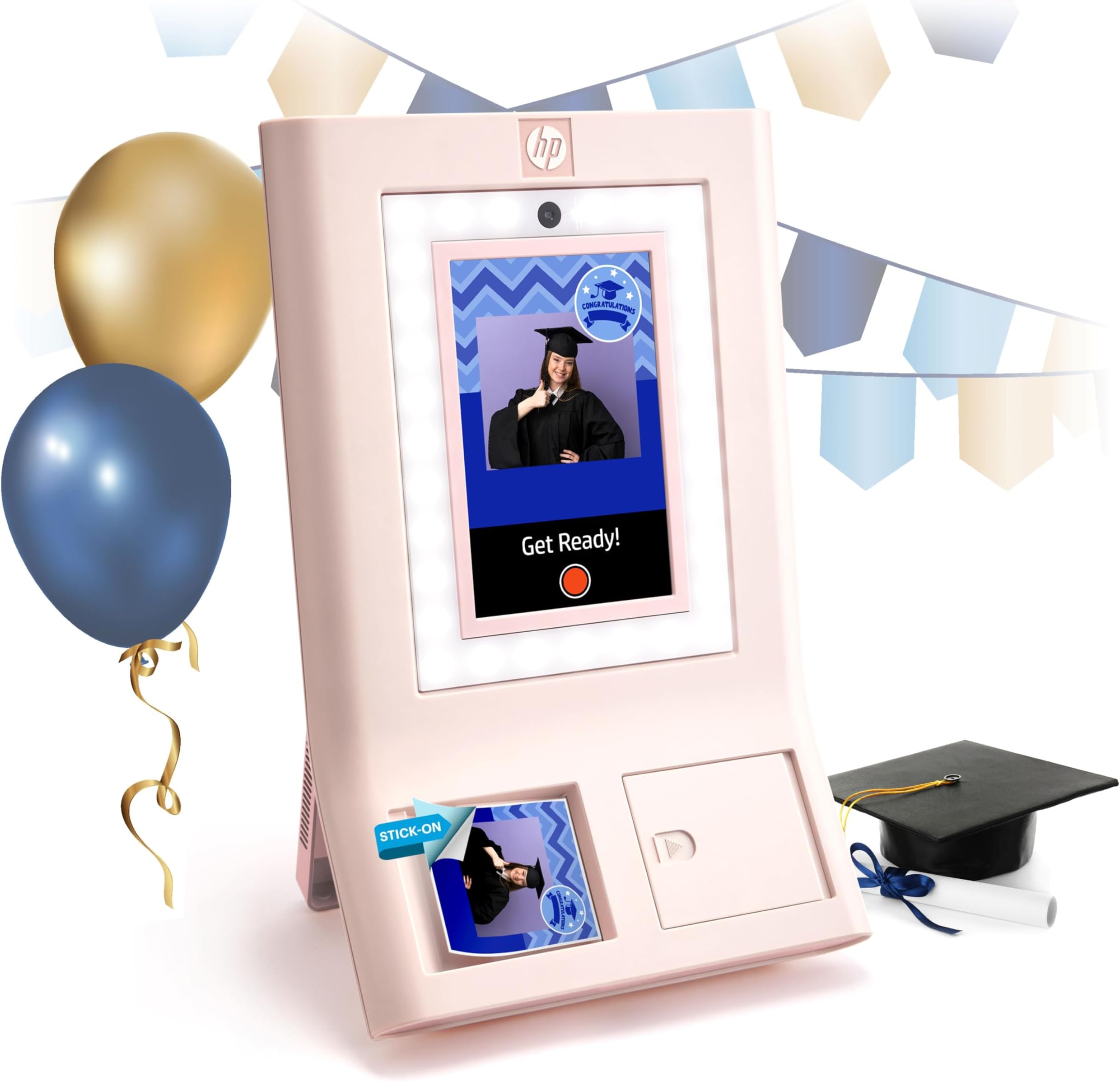 HP Sprocket Photo Booth Machine Instant Color Photo Printer - 10.1" Touchscreen Photobooth, LED Ring Light - Customize w/ 250+ Frames, Prints on 3x4 Zink Paper or Share via QR Code, Mobile App - Pink