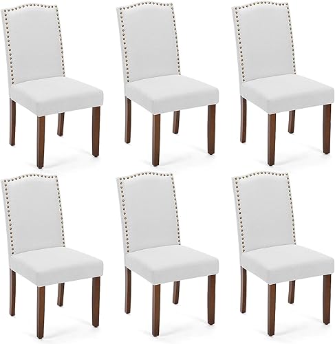MCQ Juego de 6 sillas de comedor tapizadas, modernas sillas de comedor tapizadas de tela con ribete de cabeza de clavo y patas de madera, silla de