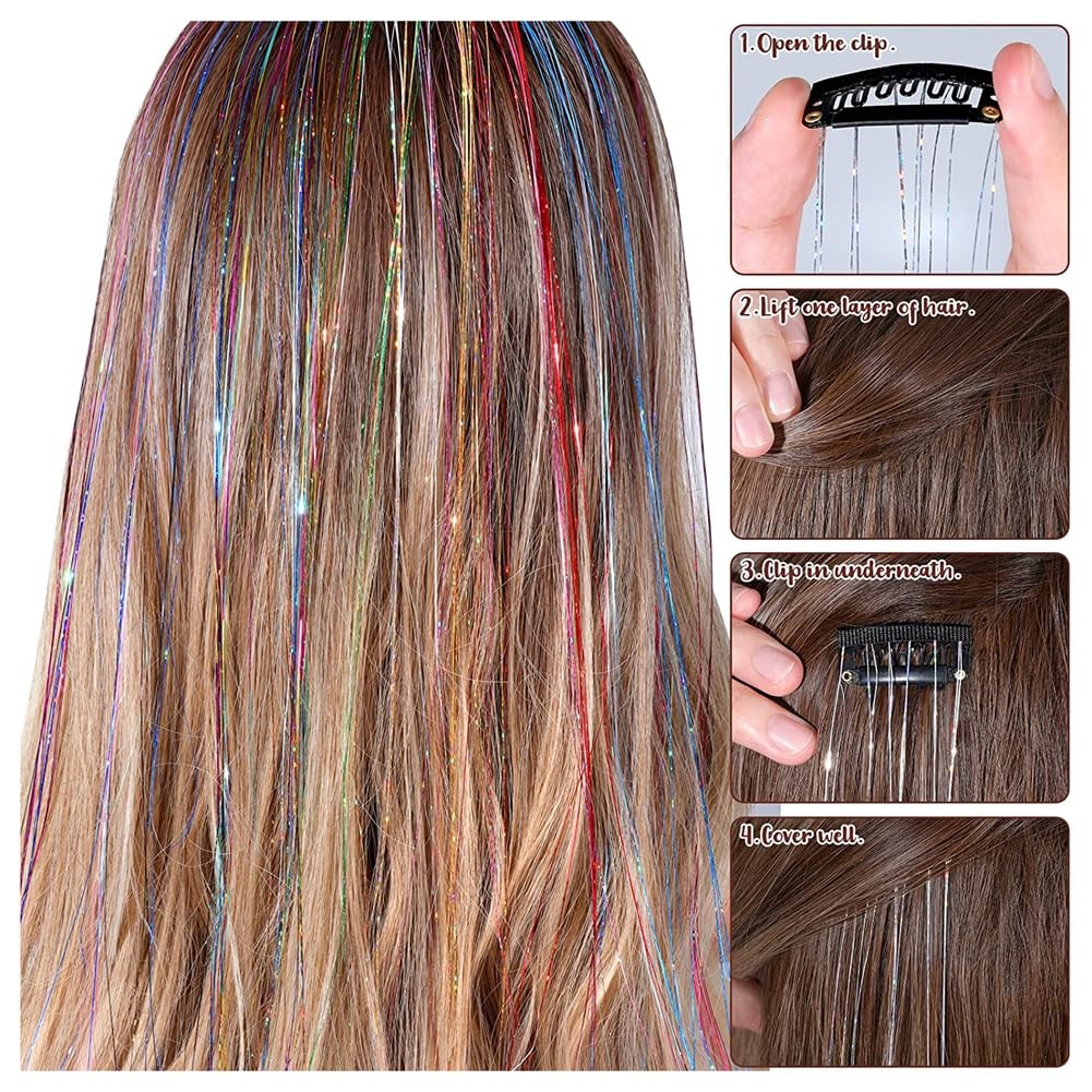 6 sztuk klipsów do włosów z lamettą, błyszczące Hair Tinsel Clip, błyszczące pasemka do włosów, lametta Tinsel Hair Extensions, błyszczące pasemka do włosów na cosplay, imprezę, Boże Narodzenie