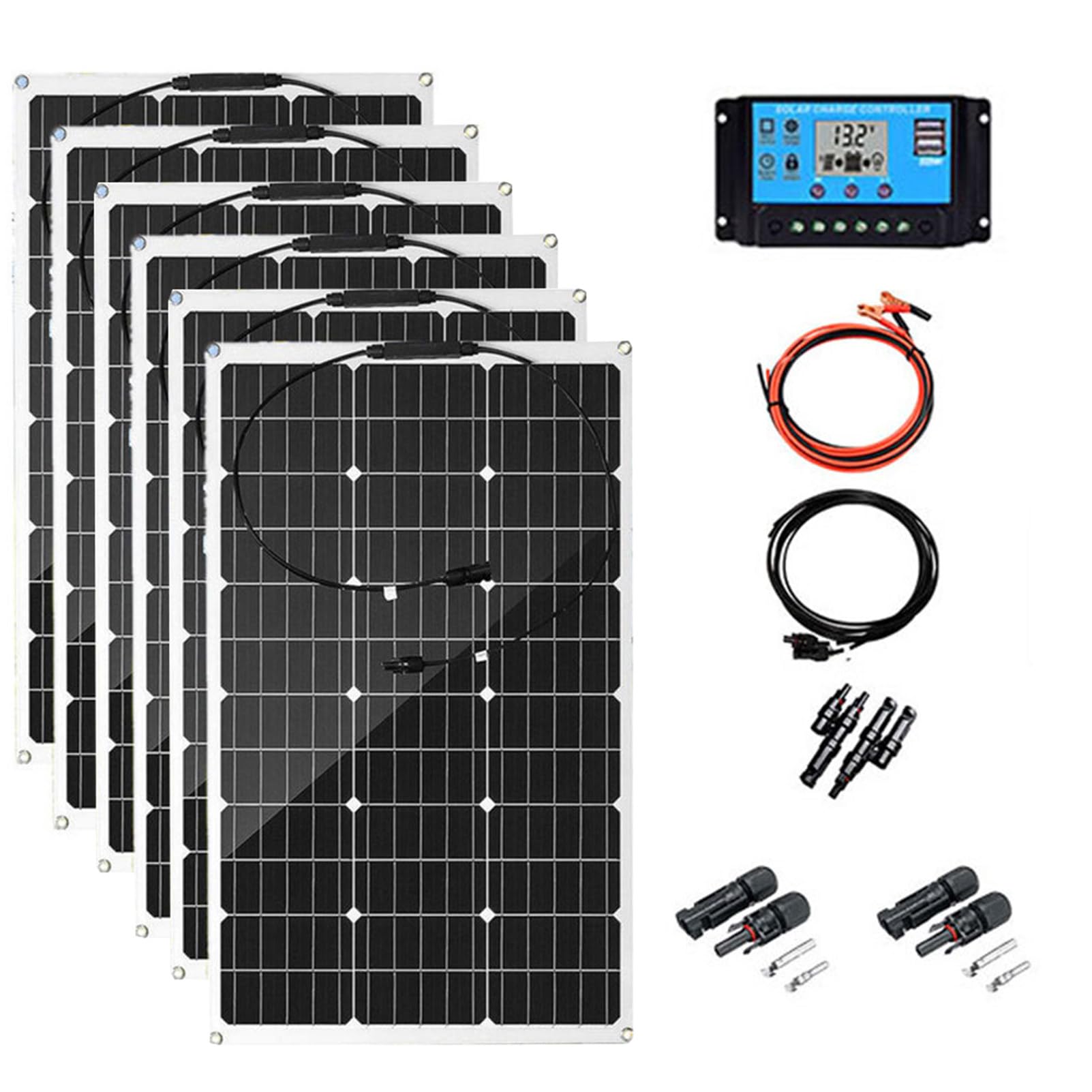 Pannello Solare Flessibile 12V 300W Pannelli Solari Monocristallini Camper Mono Cell 40A Regolatore di Carica per Balcone RV Camper Barca Tetto Superfici Irregolari 12V Batteria 6 * 300W