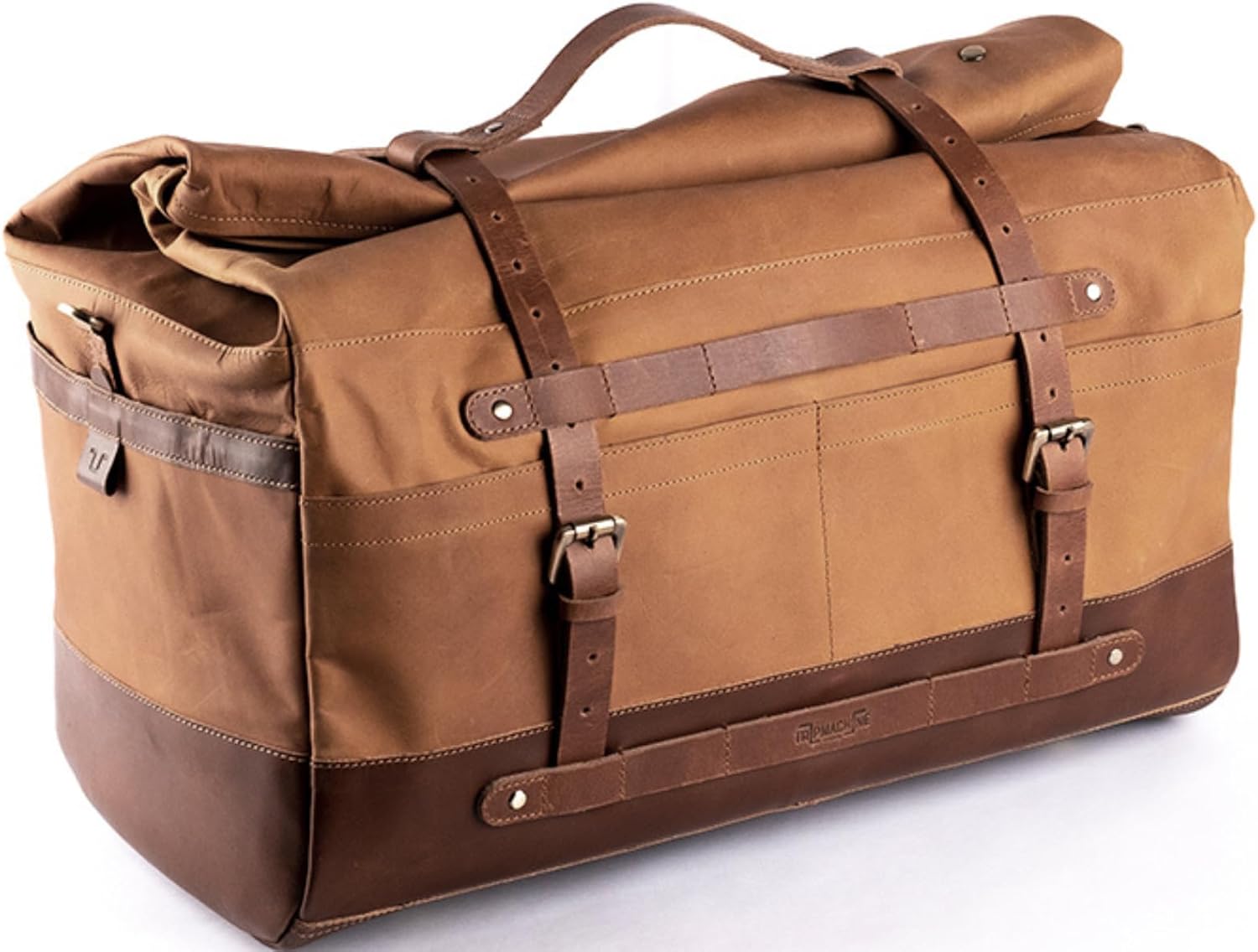 Trip Machine Company Motorcycle Outlaw Duffel Bag 50L – Waterproof Leather Roll-Top Touring Luggage with Mounting Straps, Shoulder Strap & Rain Cover (Dark Brown/Tobacco)