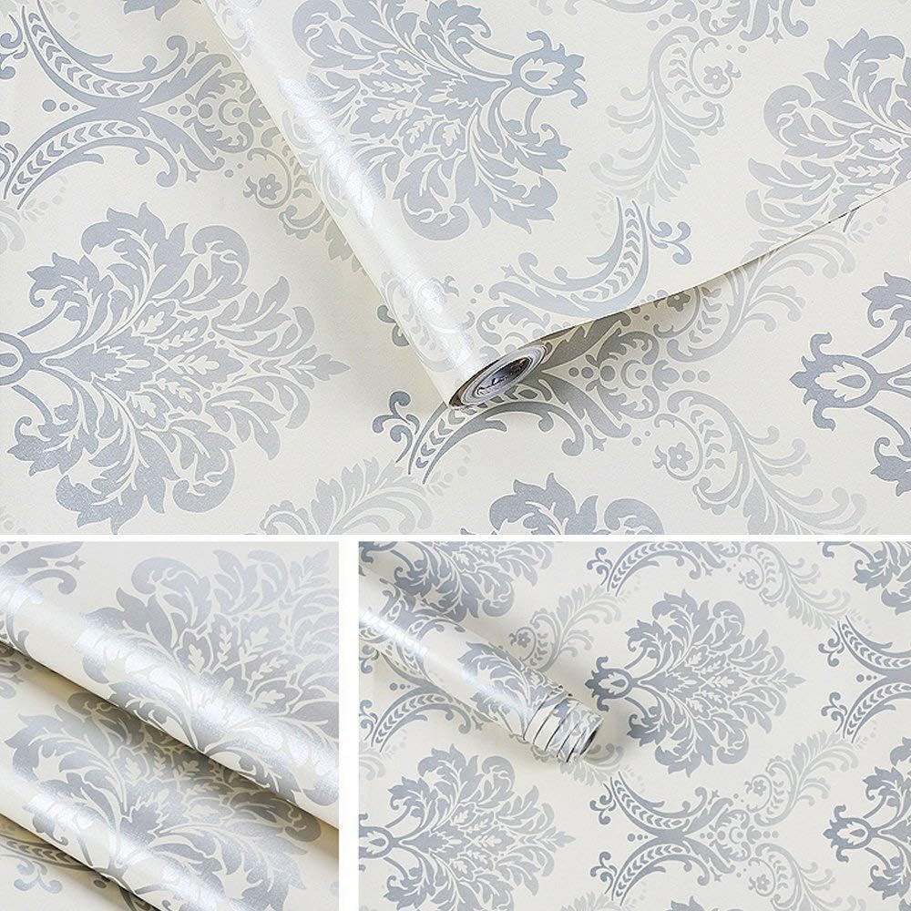 White Silver Damask Wallpaper Peel and Stick Wall Paper Decorative Self Adhesive Shelf Drawer Liner Roll 17.7 Inch x 32.8 FT