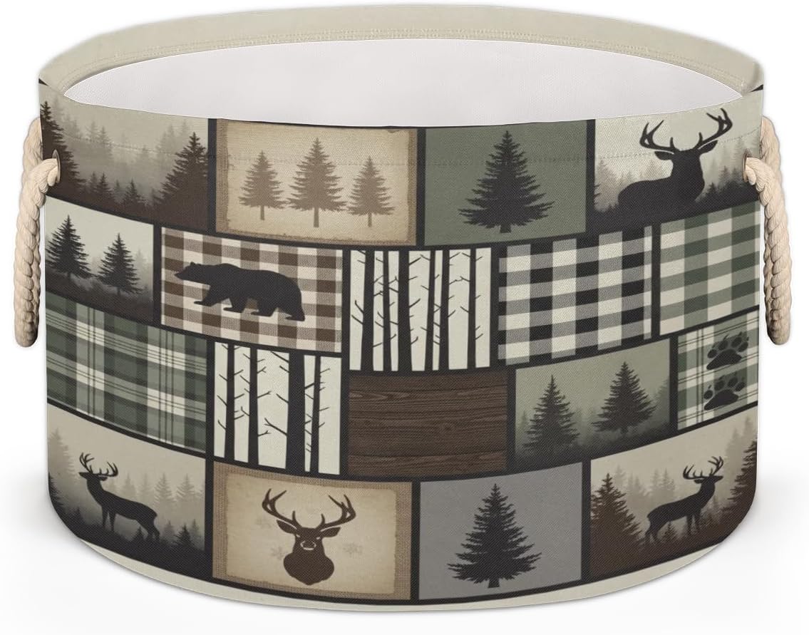 Large Storage Baskets - Rustic Bear Deer Nursery Round Collapsible Organizer Bin Box Laundry Hamper for Kids Toys, Blanket, Bedroom Living Room Home Decor, Gift Basket, 19.4"x13.3"