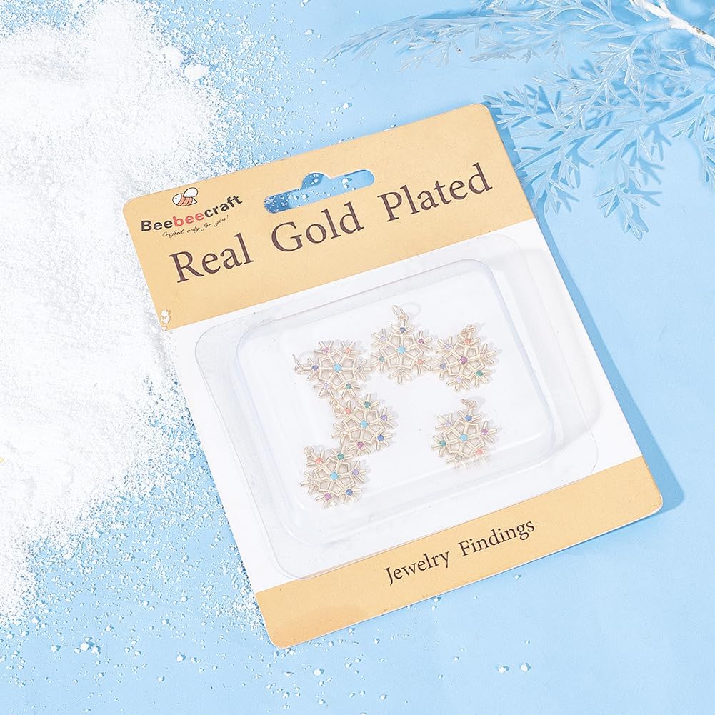 Beebeecraft 1 Box 6Pcs Snowflake Charms 18K Gold Plated Cubic Zirconia Colorful Crystal Xmas Christmas Winter Snow for Bracelet Necklace Jewelry Making