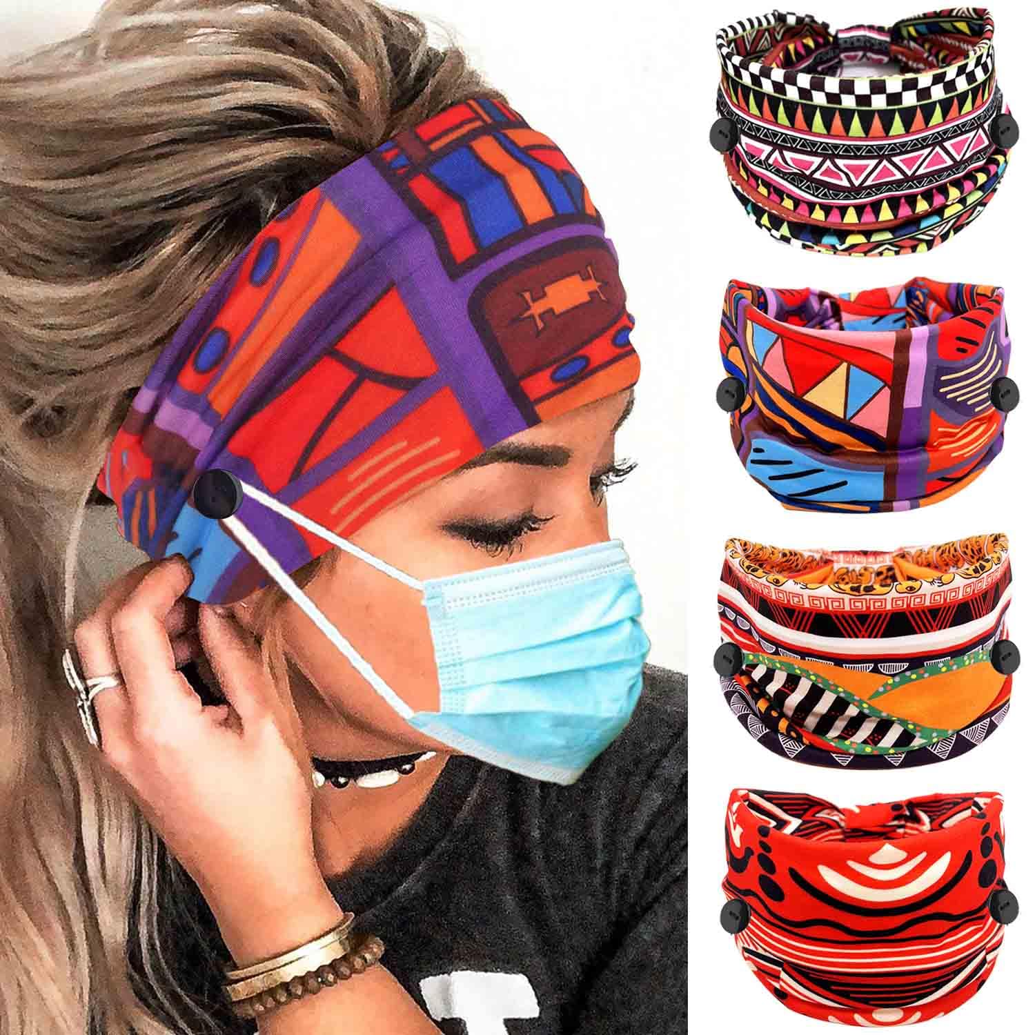 Olbye Wide Buttons Headband Nurse African Head Wraps Face Mask Headbands Elastic Knotted Turban Hairbands Workout Yoga Hair Scarfs Nursing Boho Hair