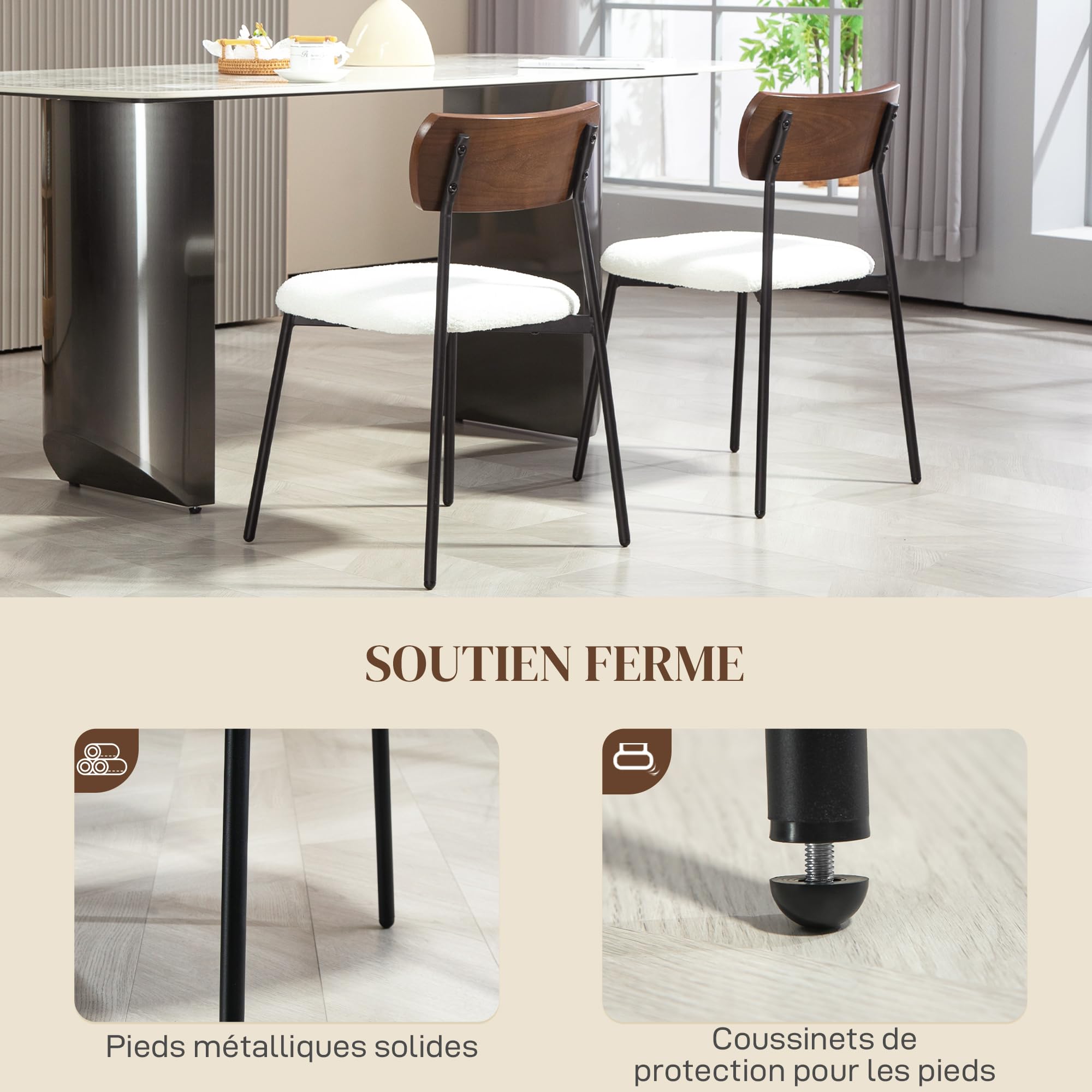 HOMCOM Lot de 2 chaises Salle à Manger Chaise de Cuisine Vintage Chaise de Salon rembourrée avec Assise Effet Bouclette, Dossier courbé Effet Bois pour Salon, Salle à Manger, Chambre, crème et Marron