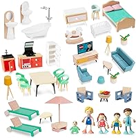 Vista 1 de 43PCS Wooden Dollhouse Furniture Set 6 Rooms with 5 Family Dolls,Wood and Plastic Dollhouse Accessories, in/Outdoor Scenes Pretend Play Toys