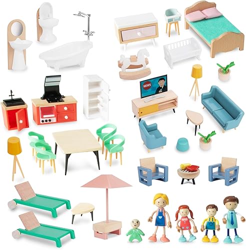 Juego de muebles de casa de muñecas de madera de 43 piezas, 6 habitaciones con 5 muñecas familiares, accesorios de casa de muñecas de madera y
