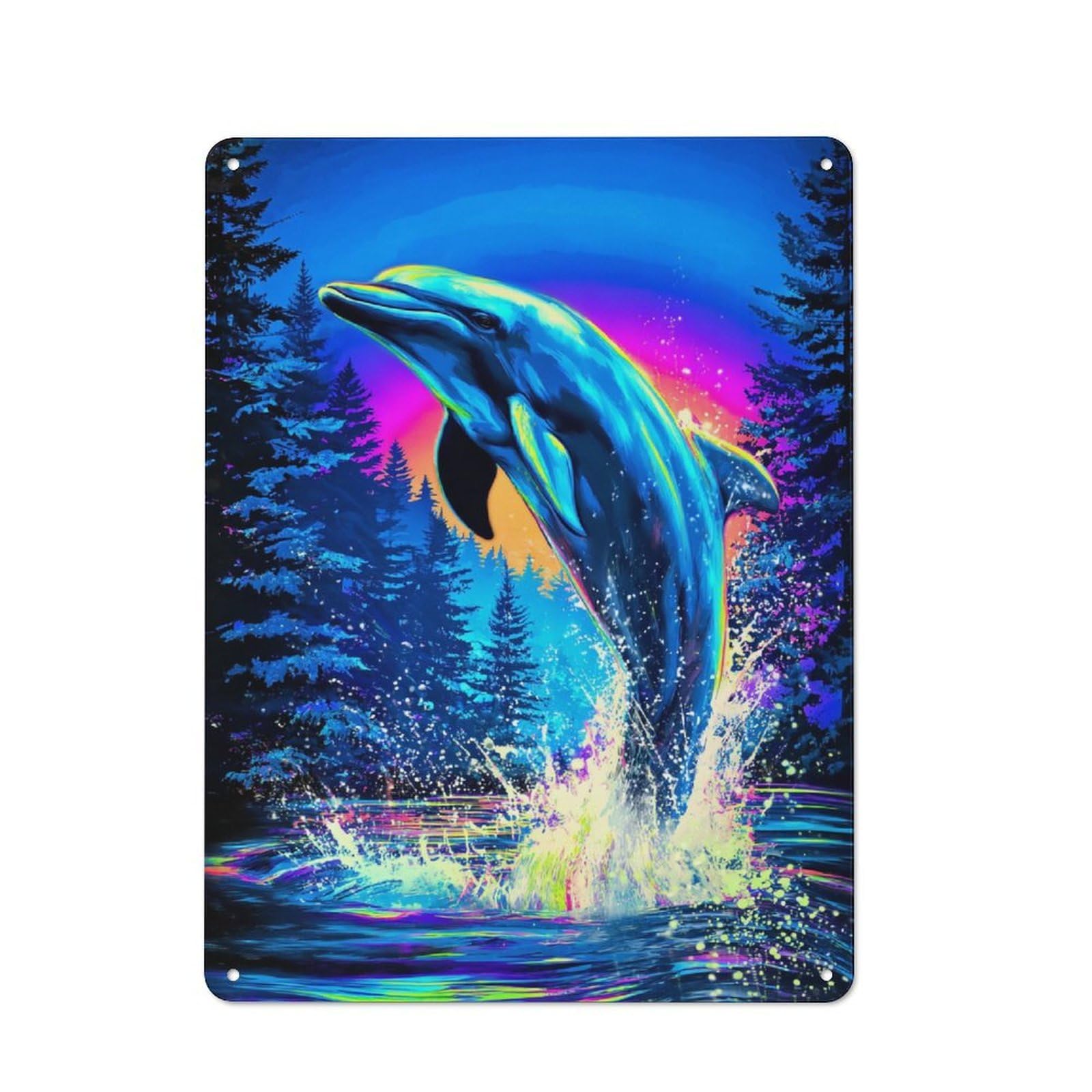 Junmoney Neon Dolphin Splash Art Print Decorative Tin Plaque With Design 40X30cm, Classic Novelty Wall Art For Flat, Dorm Room, Lounge Or Cafe