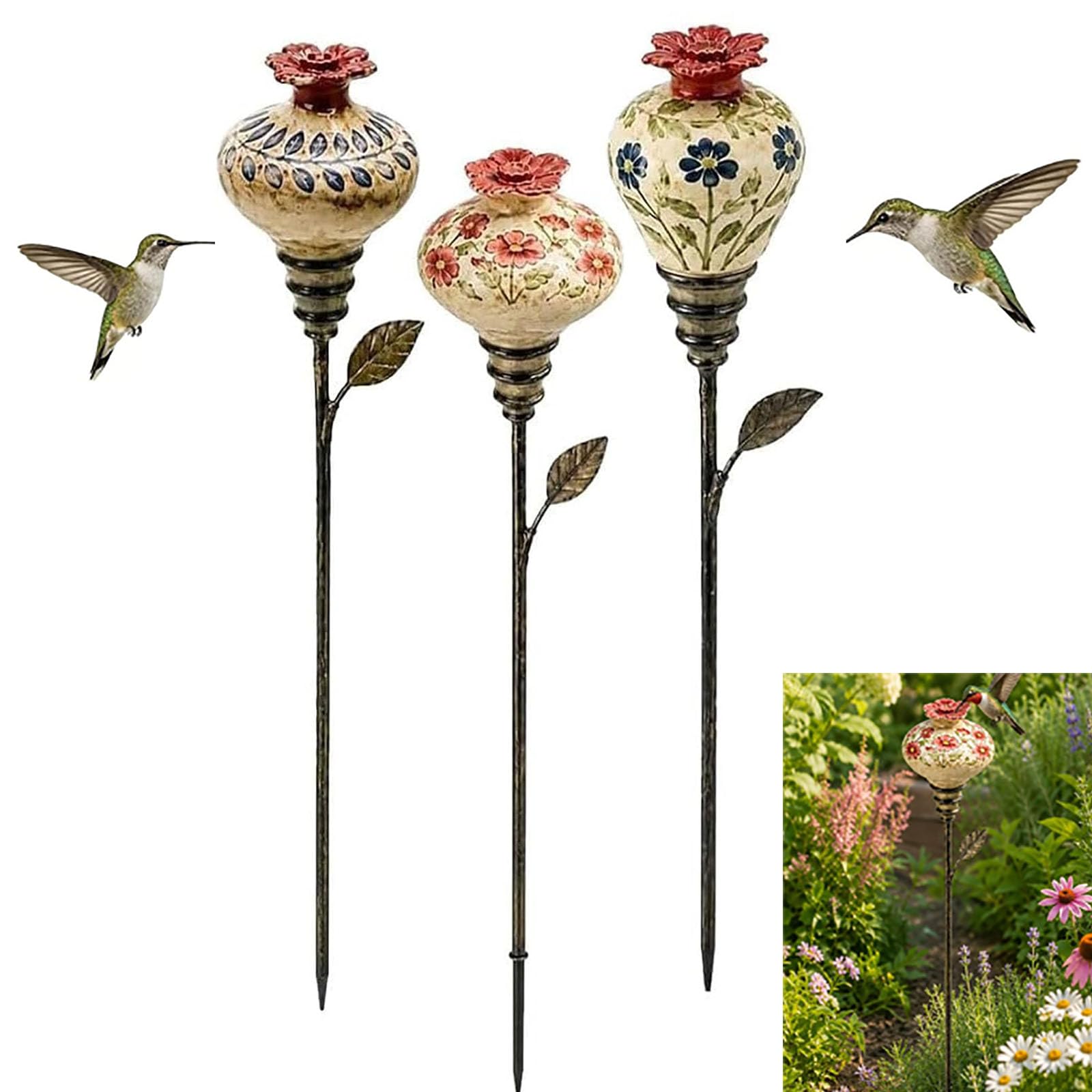 Paletto da giardino per mangiatoia per colibrì in ceramica (3pc)