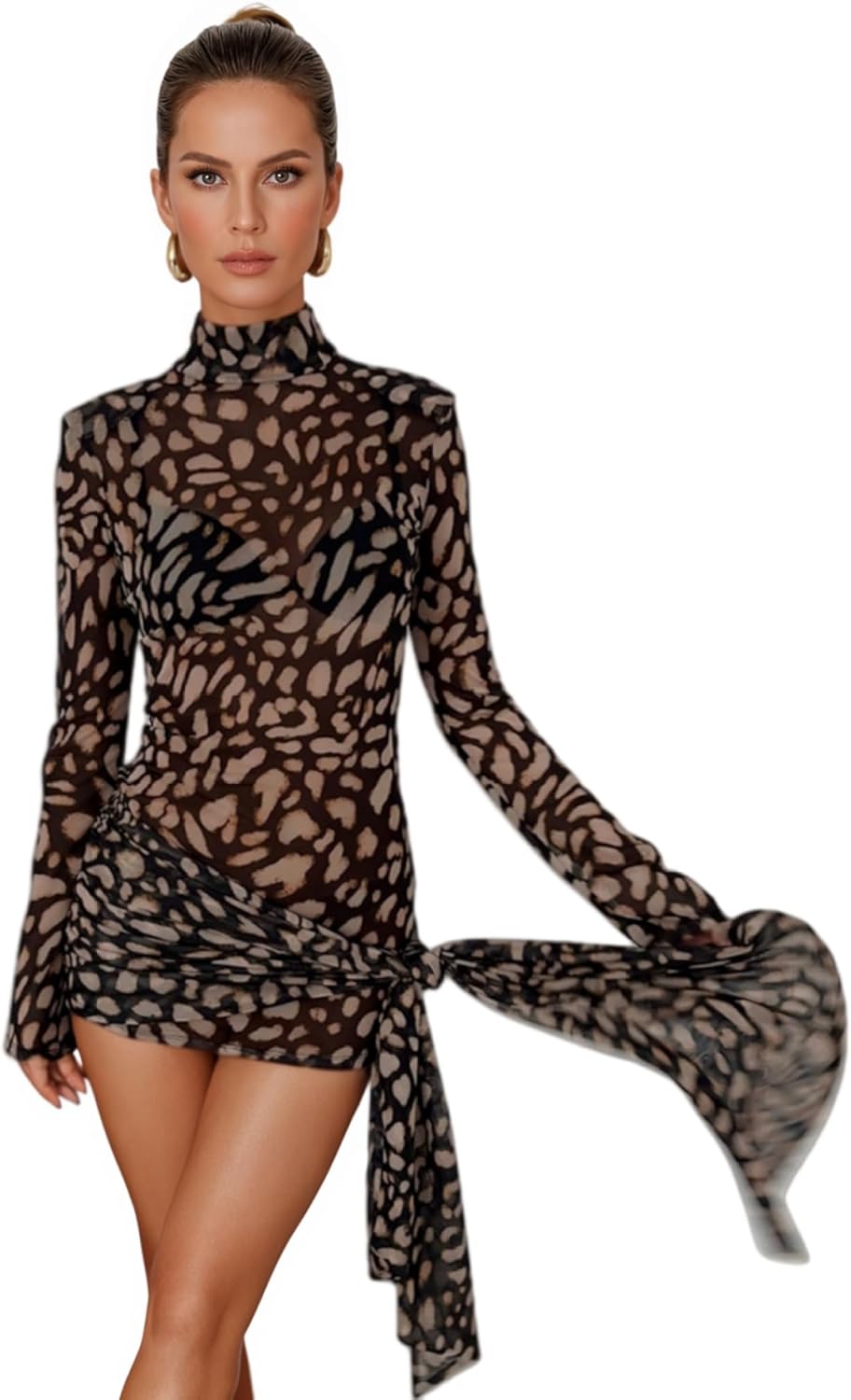 JUMISEE Women's Sheer Mesh Leopard Mini Dress Sexy Turtleneck Long Sleeve Short Dress Tie Waist Beach Cover Up Dresses - Image 2