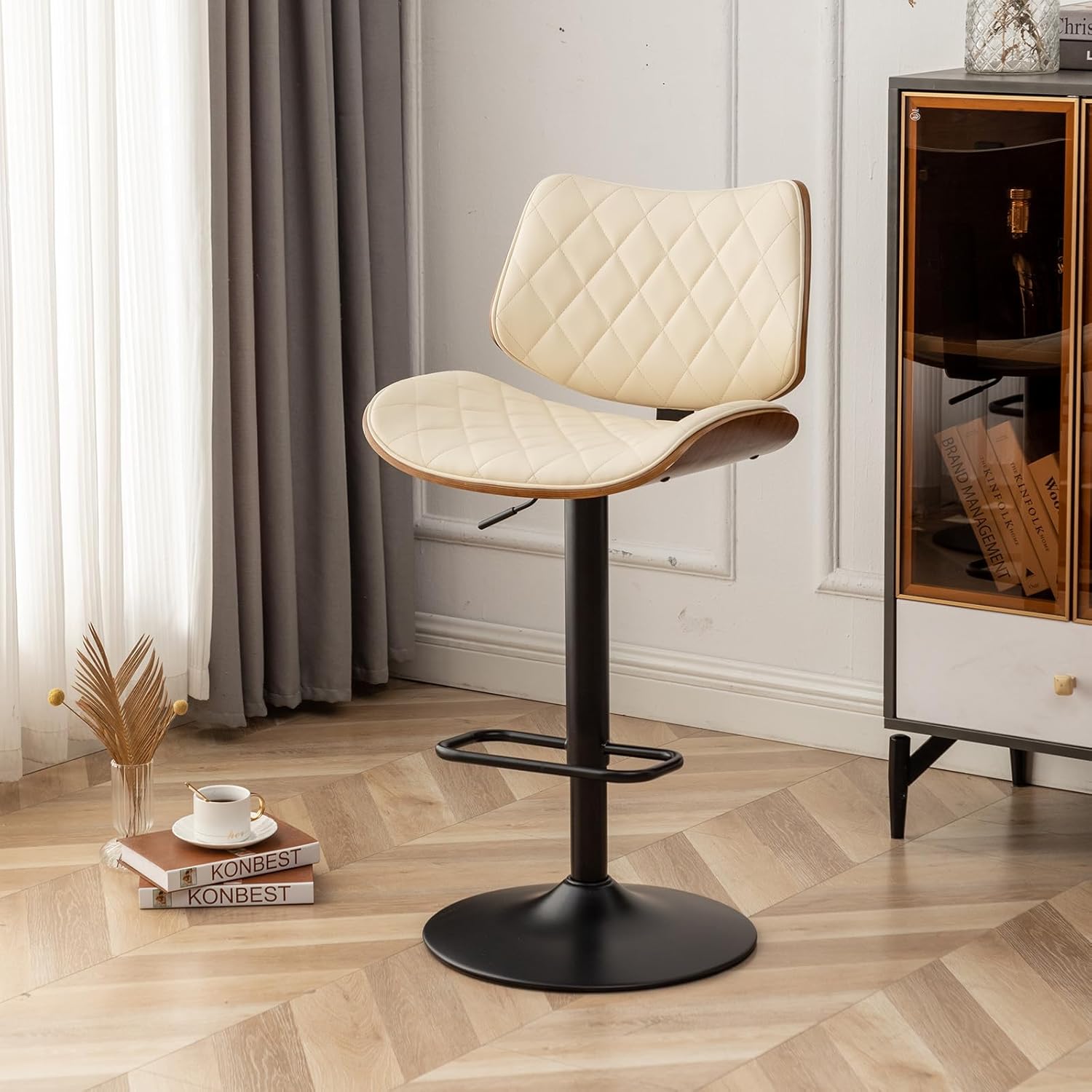 LUNLING Bar Stools Set of 2 Mid Century Modern Adjustable Counter Height Black Leather Upholstered 360°Swivel Bar Chairs for Kitchen Island/Dining Room/Cafe