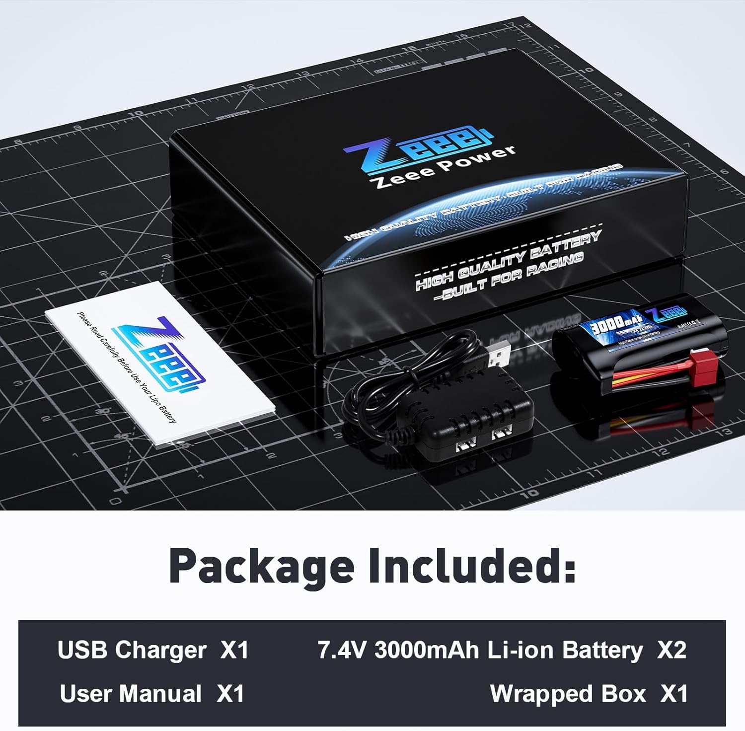 Zeee 2S Li-ION Batterie 7.4V 3000mAh avec Deans Connector Batterie RC Rechargeable Compatible avec Voiture RC Haute Vitesse 4WD Voiture RC à l'échelle 1/16 Bateau RC Camions RC (2pcs)