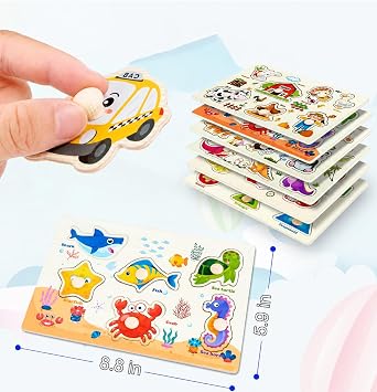 Wooden Peg Puzzle for 2+, 8Pcs Baby Peg Puzzles 1+, Learning Puzzles Set- Dinosaur, Farm, Sea, Animals, Fruits, Shape, Vegetable, Insect Great Preschool Gifts for Girls Boys