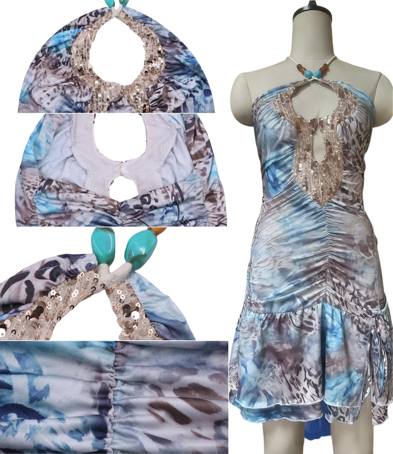Women's Sexy Sequin Printed Halter Mini Dress Hollow Out Ruffle Hem Backless Short Dresses for Summer Beach Vacation Blue - Image 6