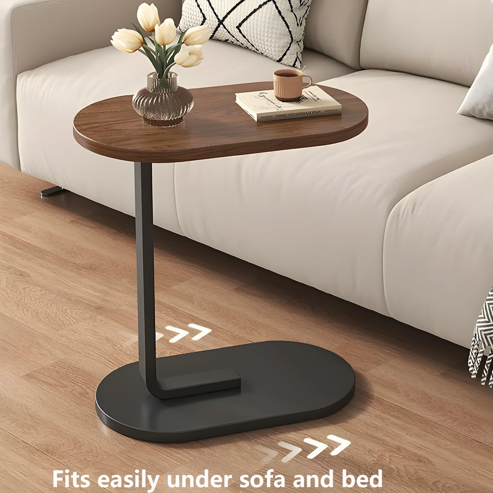 Mesa auxiliar alta en forma de C para espacios pequeños, mesa de centro minimalista moderna con estante de metal, parte superior curvada, fácil de instalar