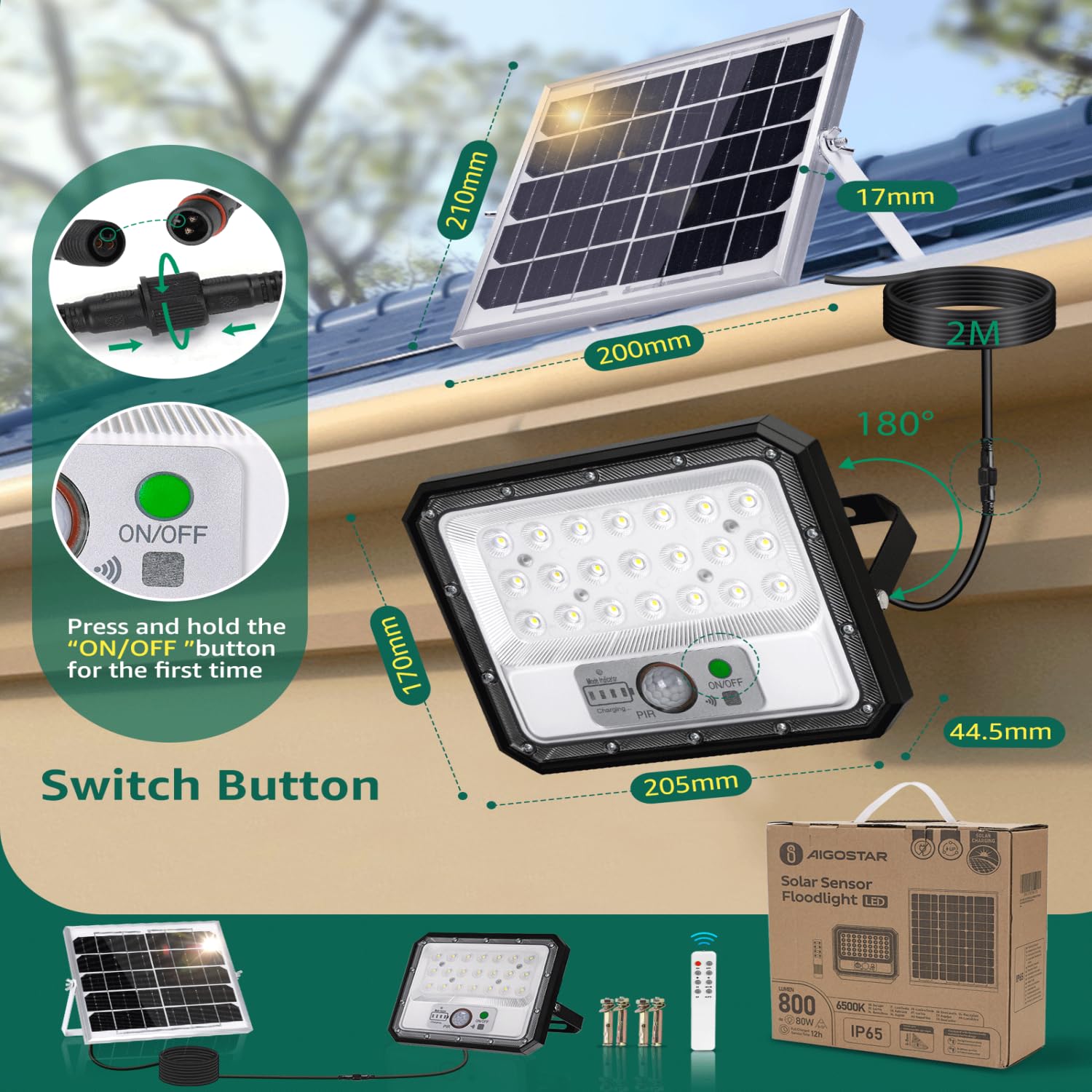 Aigostar - Foco solar exterior con sensor de movimiento,4000mAH,Batería gran capacidad,6500K.Foco LED solar mando a distancia Uso interior/exterior IP65: jardín,patio,camino o garaje