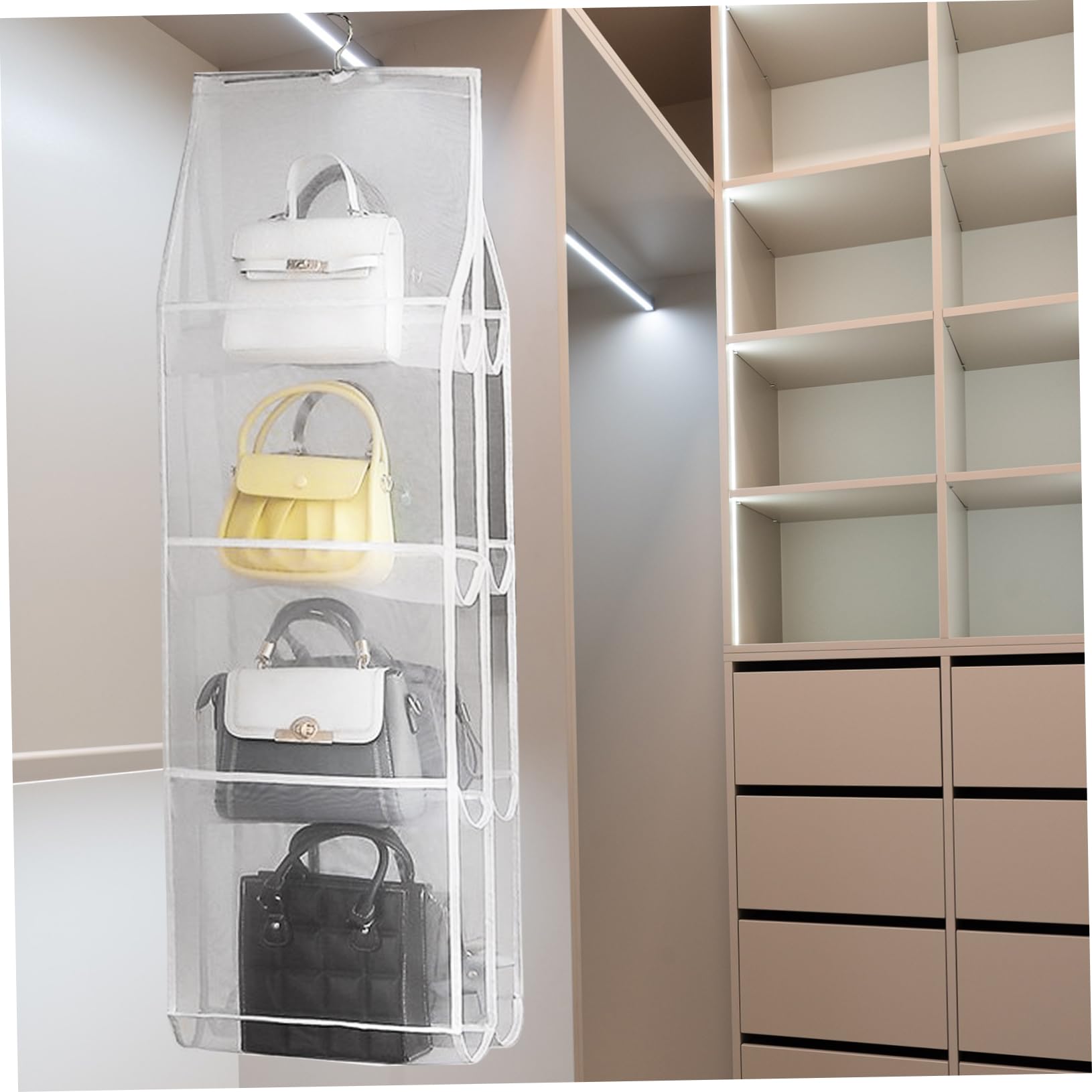 KOMBIUDA Organizador Ahorro Armario Bolsos de Nylon y Blanco Colgante 4 Niveles con Bolsillos, Gran Capacidad de Espacio para Hogar