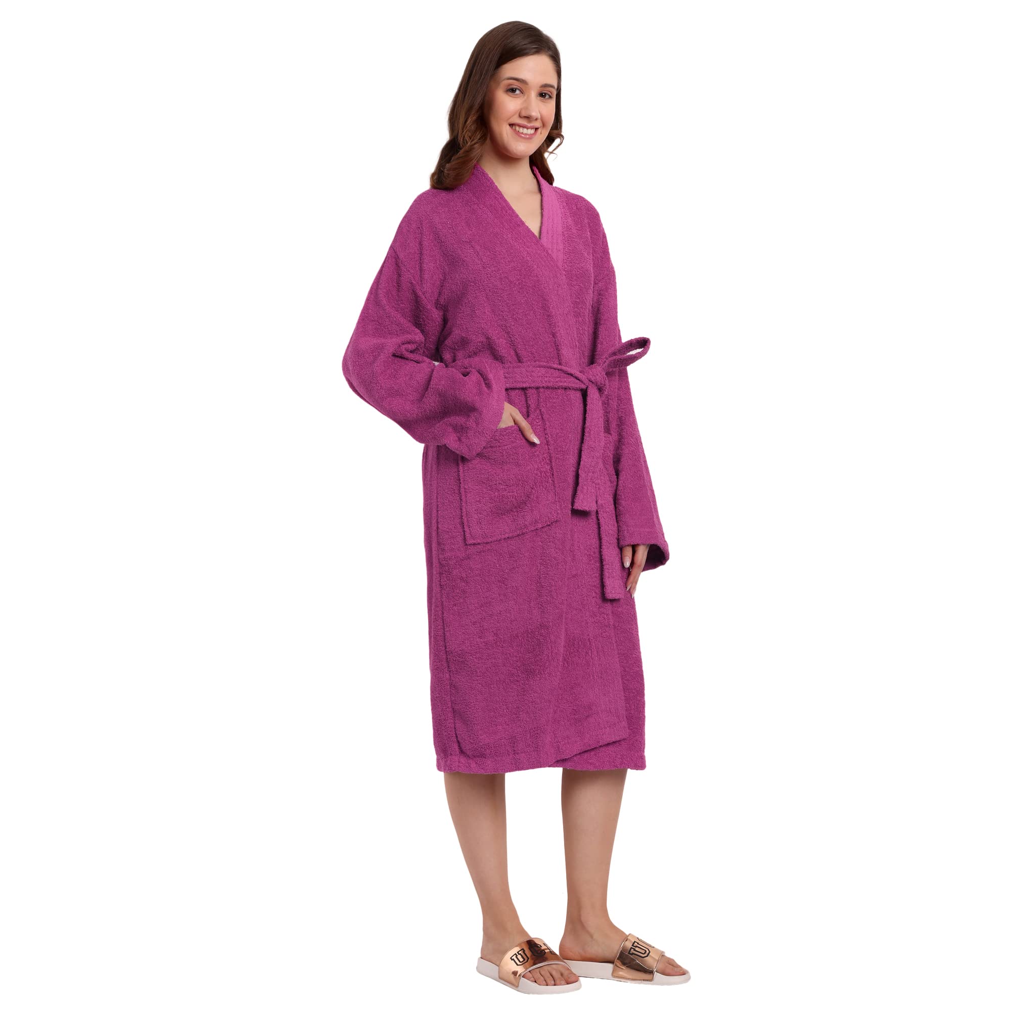 DREAMWEAVERS 100% Soft Terry Cotton Velour Bathrobe Super Soft & Absorbent Knee Length with 3/4 sleeve for Unisex (Pink, Large) 1
