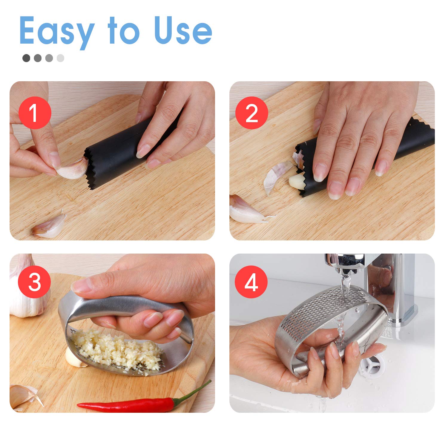 LAMY Prensa de ajo, picadora de ajo de acero inoxidable, trituradora de ajo profesional de grado alimenticio para cocina, juego de picador de ajo premium con tubo de silicona, pelador de ajo y cepillo