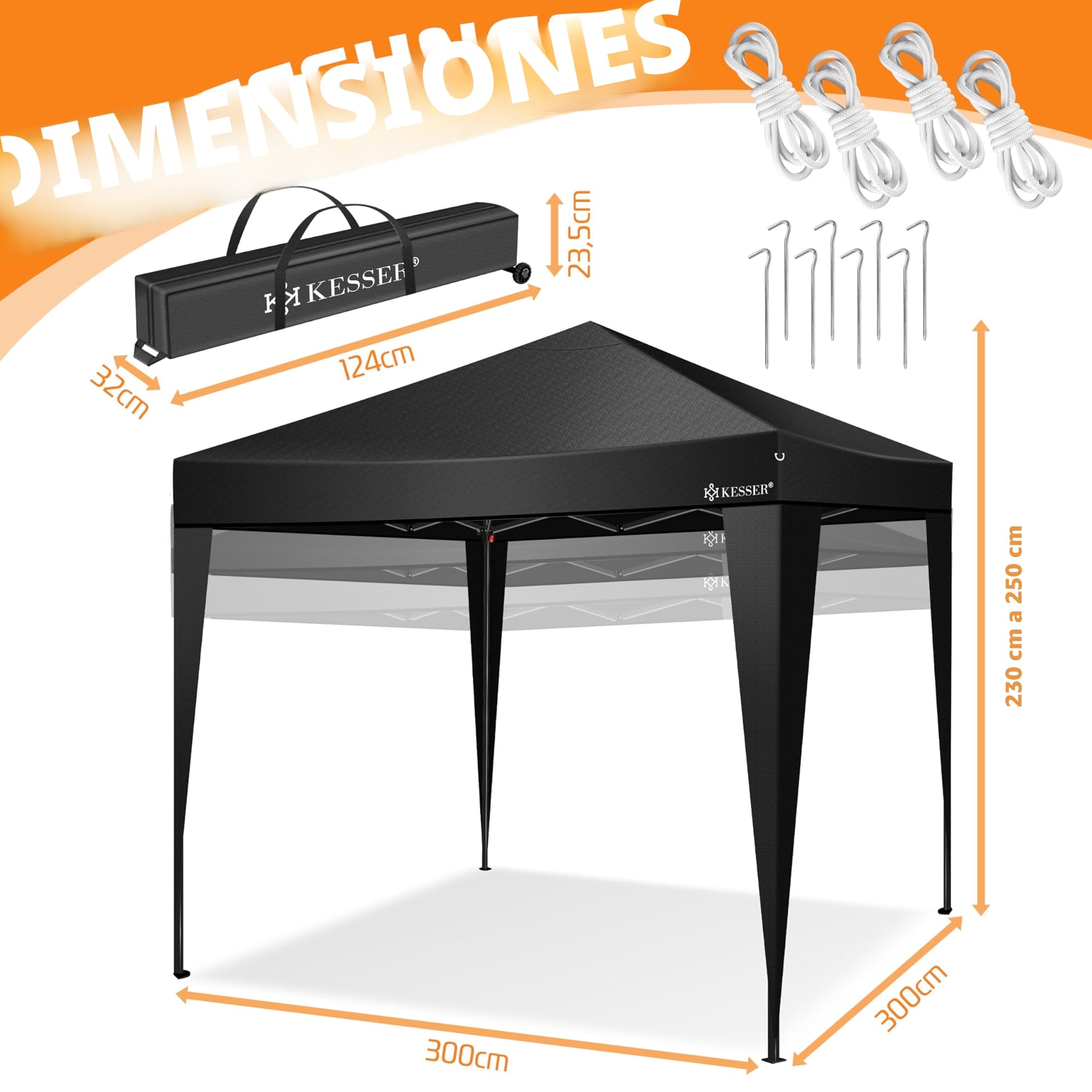 KESSER® Carpa Plegable 3x3m | Pop-Up Regulable en Altura Estable Impermeable Resistente al Invierno | Protección UV 50+ Incluye Bolsa con Ruedas y Anclaje al Suelo - Negro/Negro