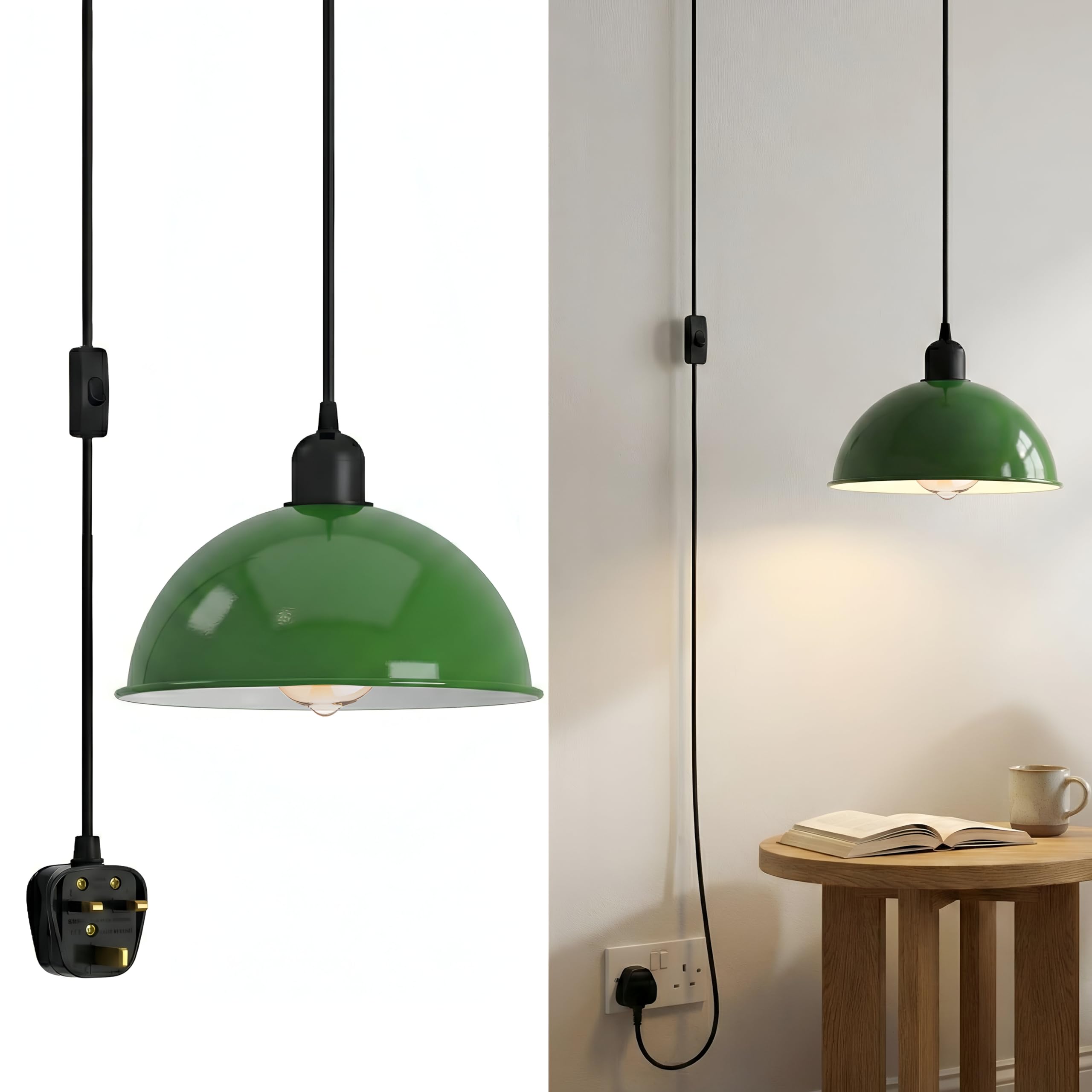 LEDSone Vintage Plug in Pendant Lighting Adjustable Hanging Cord Plug in Ceiling Light, Metal Lampshade Hanging Lamp with Switch, E27 Black Pendant Light Fitting, E27 Bulb Holder for Kitchen (Green)