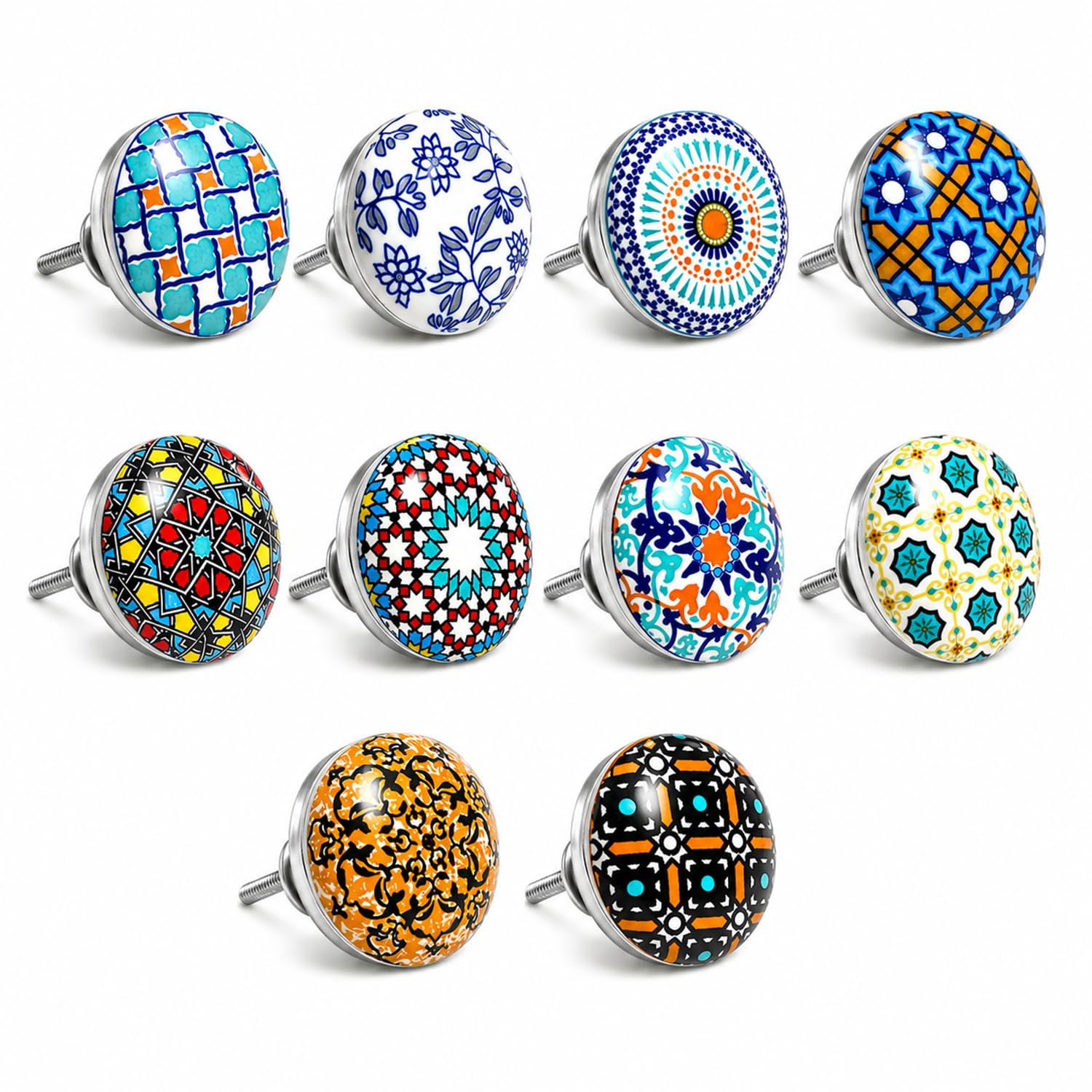 Jeu de 10 poignées de céramique de couleurs et de formes différentes peint à la main. Tireurs à la main pour armoires, tiroirs et confortables. Poignées de céramique classiques de 40 mm de diamètre