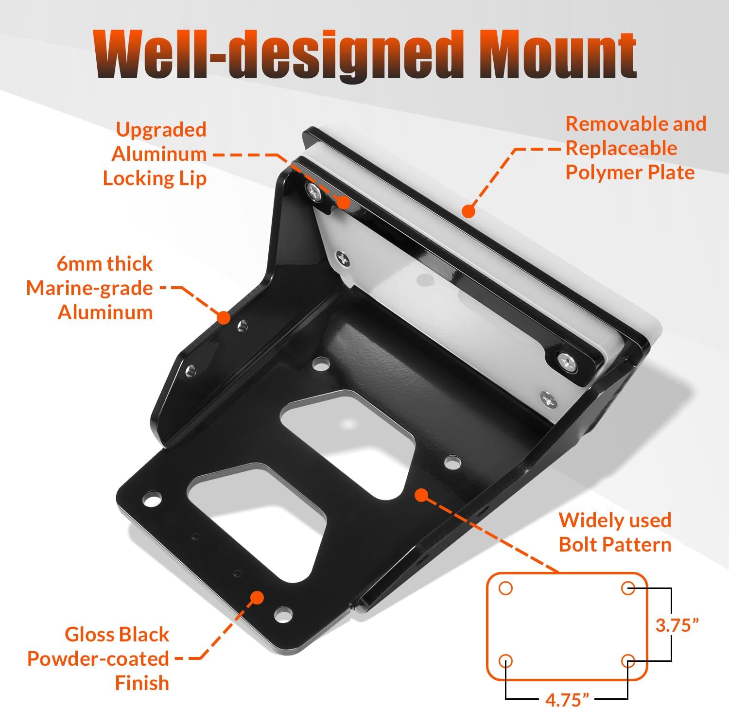Transom Trolling Motor Mount for Kayaks, 6mm Thick Heavy-Duty Aluminum Transom Motor Bracket 3HP Max Thrust, 3.75" x 4.75" Bolt Pattern for Flat Stern Boats in Freshwater & Saltwater (1-Pack, Black)