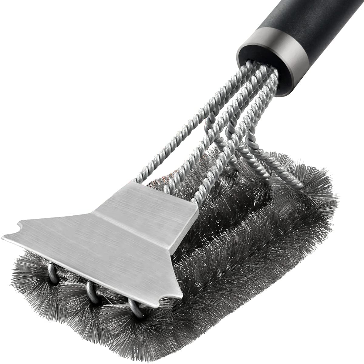 Arabest 3 in 1 Grill Scraper, Rust Resistant Stainless Steel Bbq Brush with Hook, Safe Wire Scrubber, 45cm Extra Strong Grill Cleaning Brush for Outdoor Grill (Black)