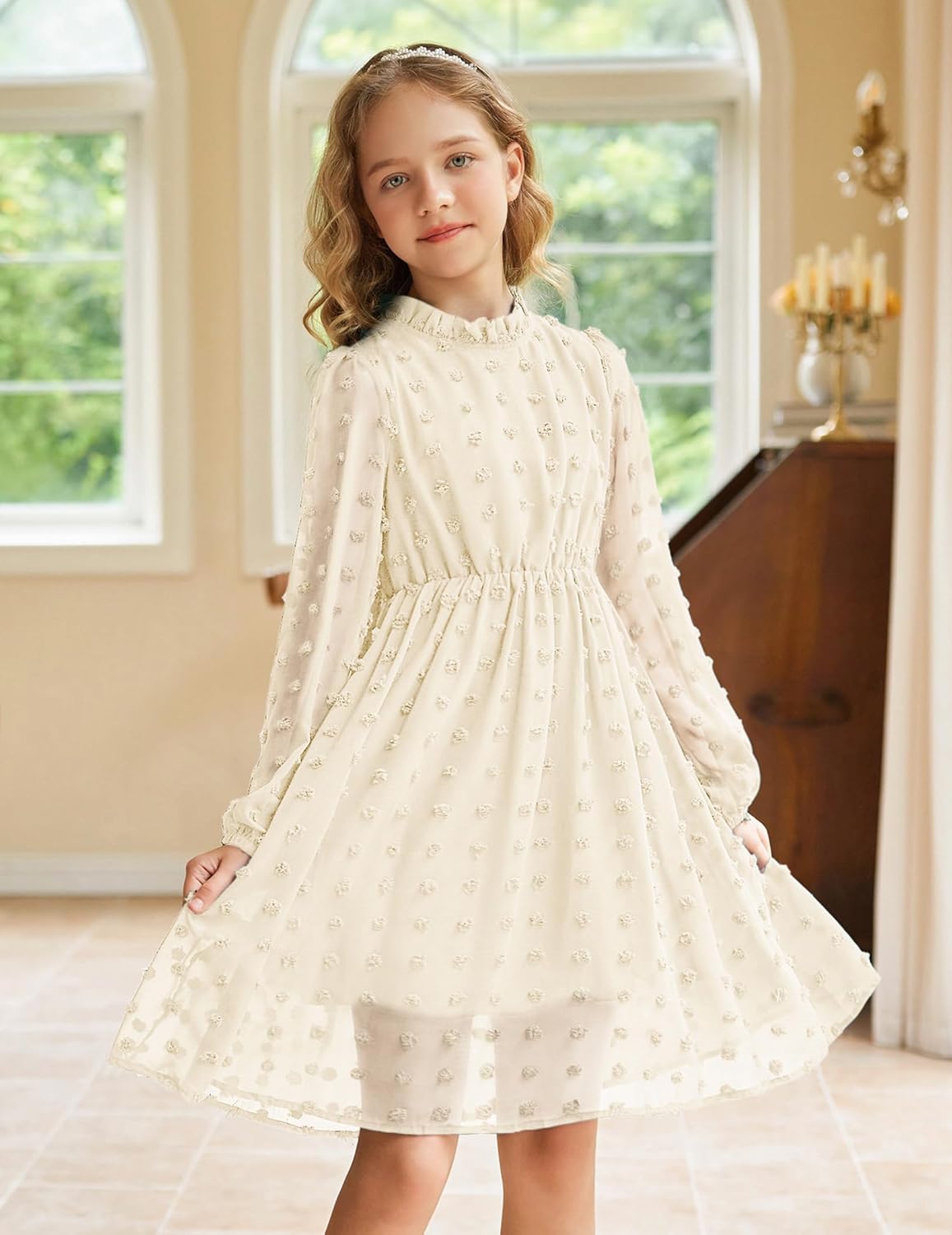 Arshiner Girls Dress Long Sleeve Swiss Dot Ruffle Collar Flowy A-Line Party Dress for Kids 5-13Y - Image 9