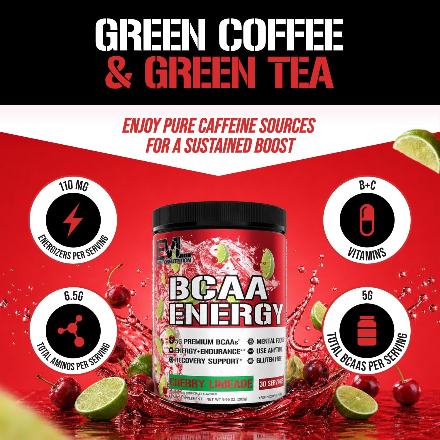 EVL BCAA Energy Amino Acids Powder with Natural Caffeine - Cherry Limeade — Amazon image 2