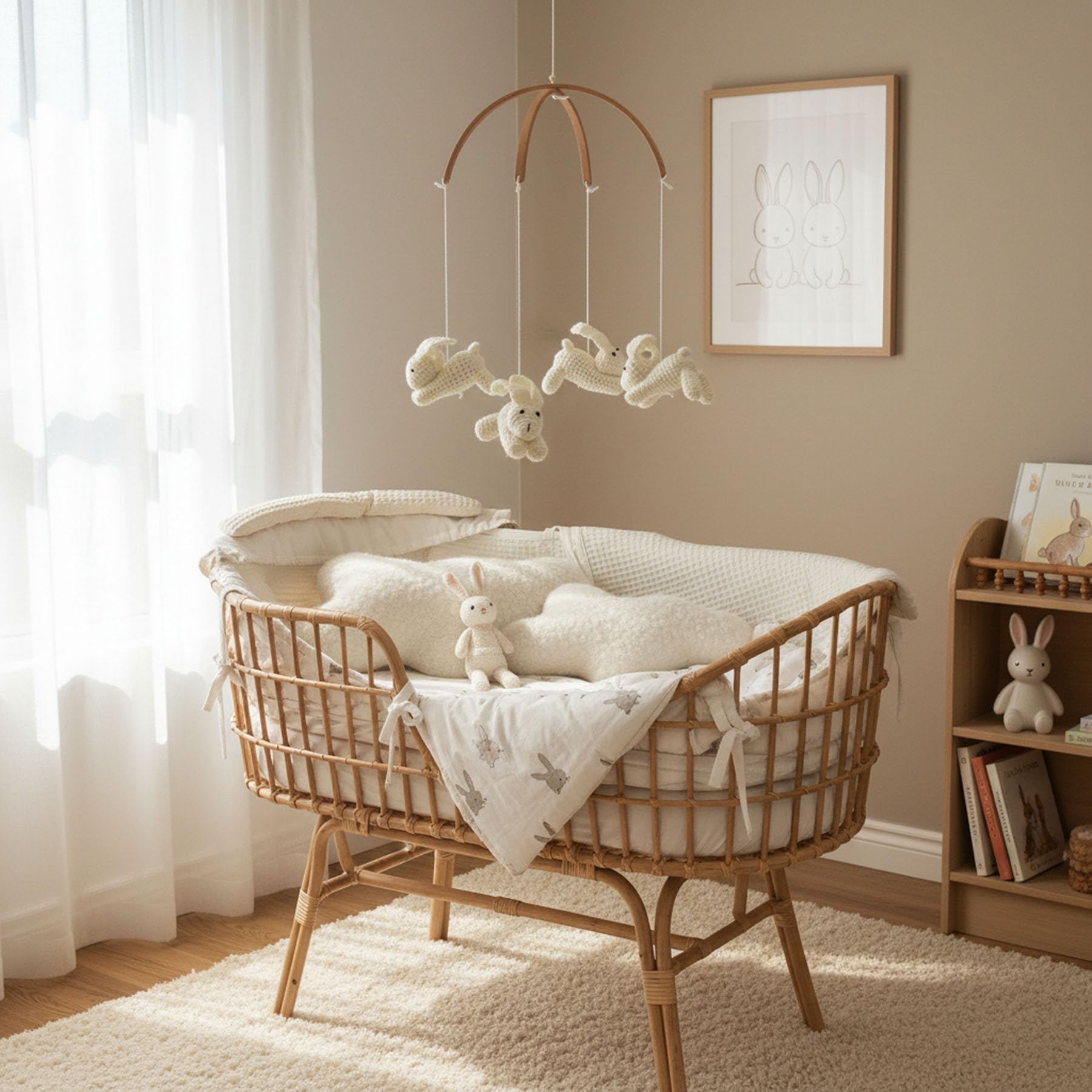 Móvil bohemio para cuna de bebé para niños y niñas, decoración neutra para guardería con conejitos y conejos hechos a mano, móvil colgante de madera para moisés, decoración de dormitorio con temática