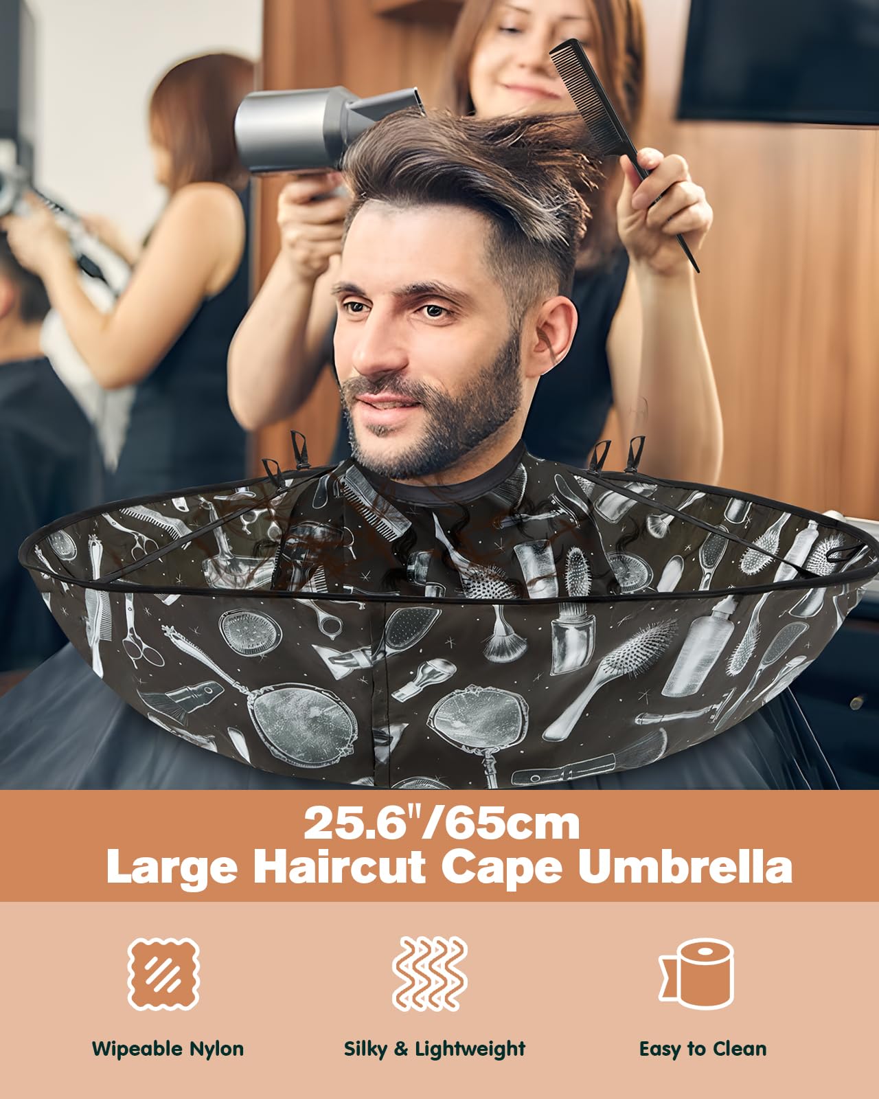 Capa de pelo ajustable, capa de pelo ajustable, capa de peluquería impermeable, capa de peluquería plegable con peine negro, para adultos y niños, salón de belleza y uso doméstico, Negro - 2