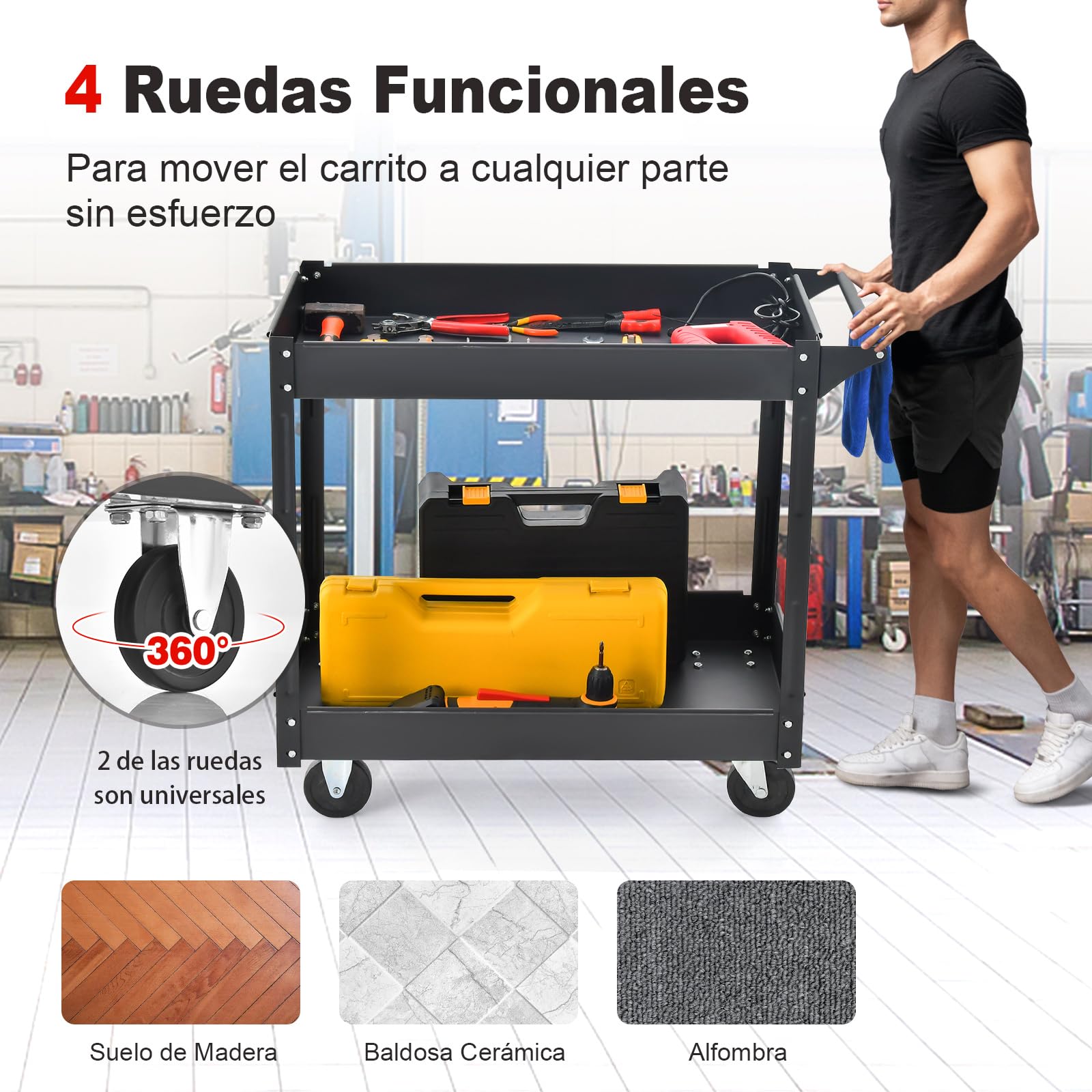 COSTWAY Carro Multiusos de 2 Pisos, Carro de Servicio de Doble Capa con Manija, Estructura de Metal Resistente, Soporte Máximo de 50 kg por Nivel, Carro Rodante de Herramientas para Casa (Negro)